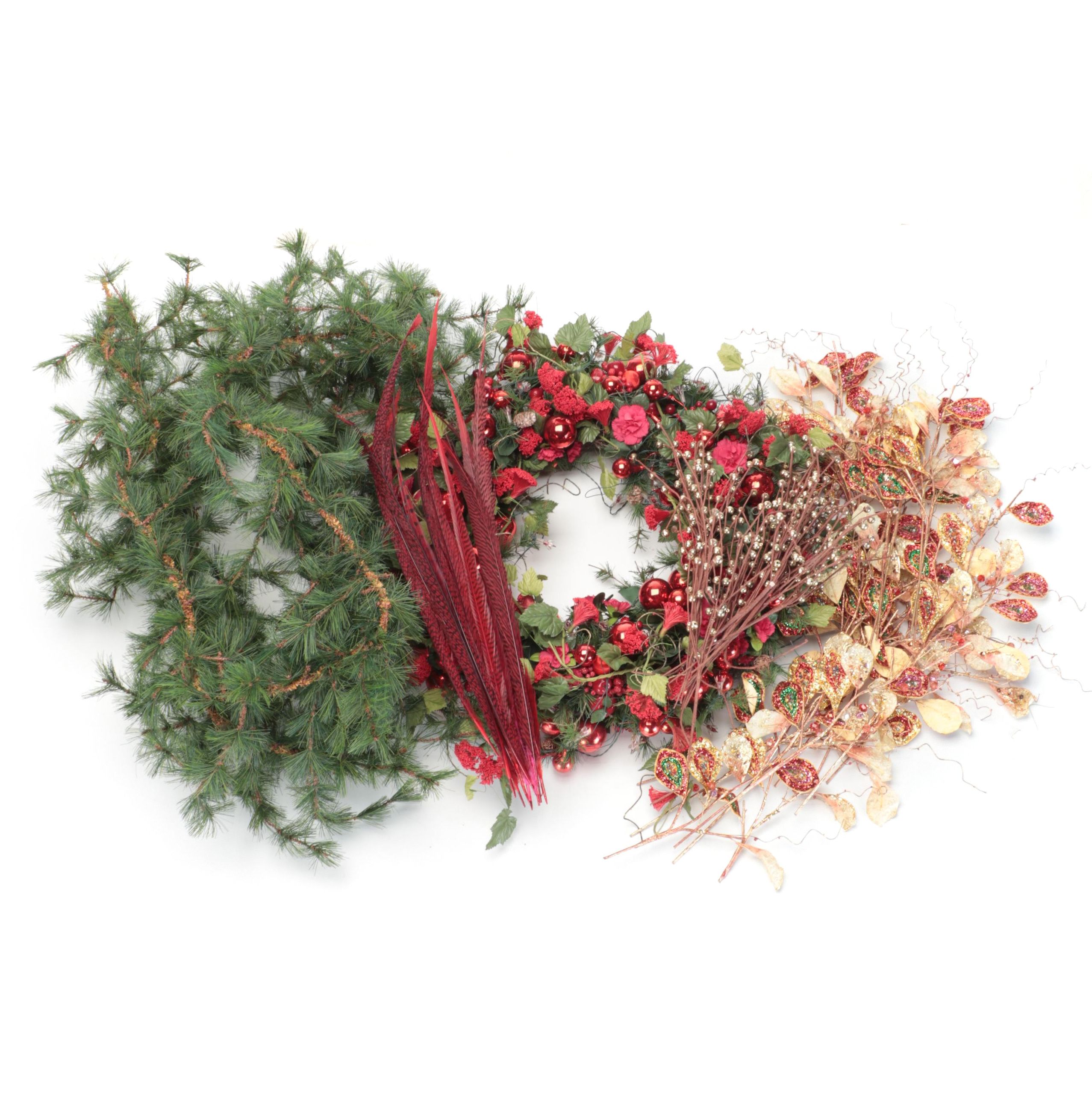 Holiday Wreath, Boughs, Garland and Feathers