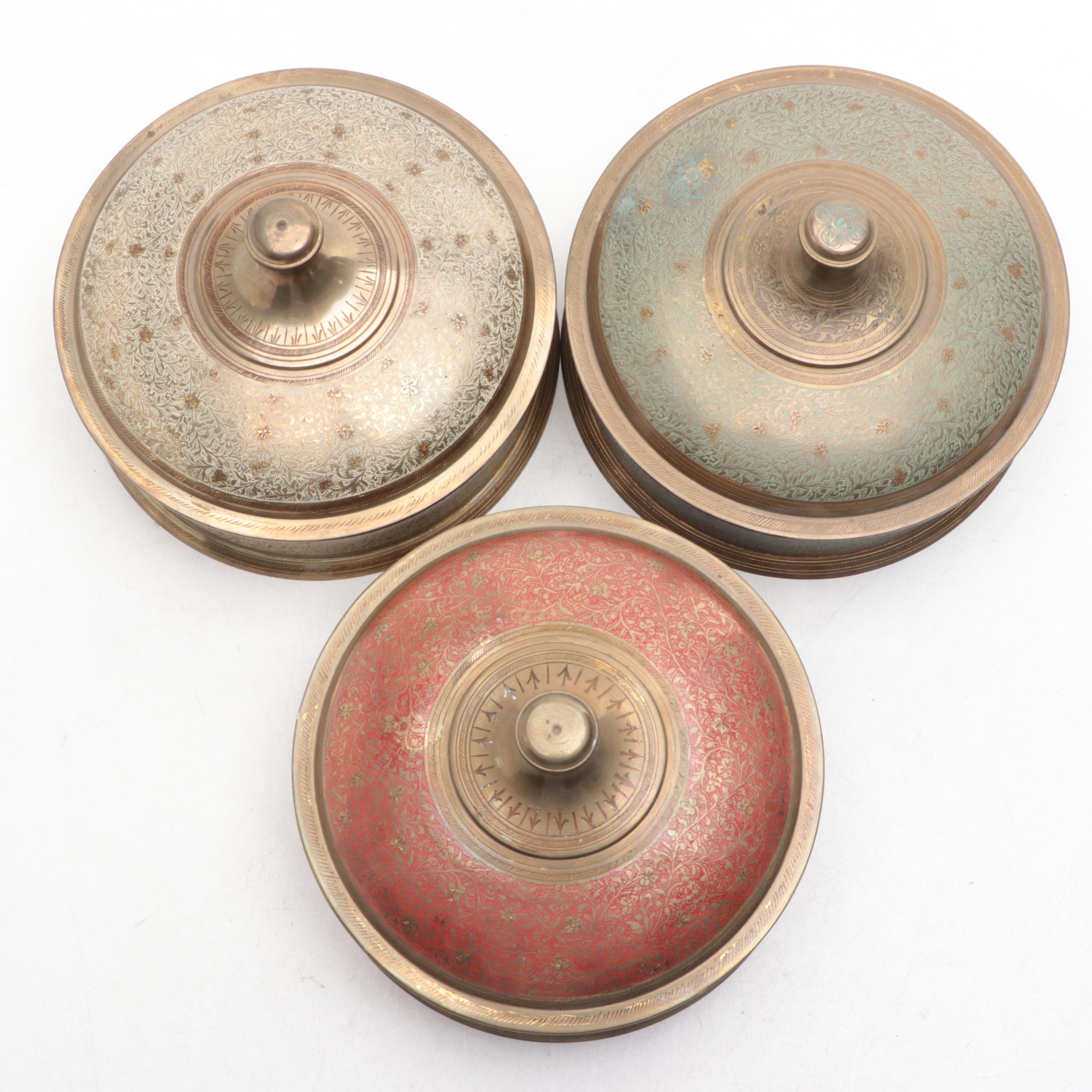Indian Enameled and Carved Brass Boxes, Mid to Late 20th Century