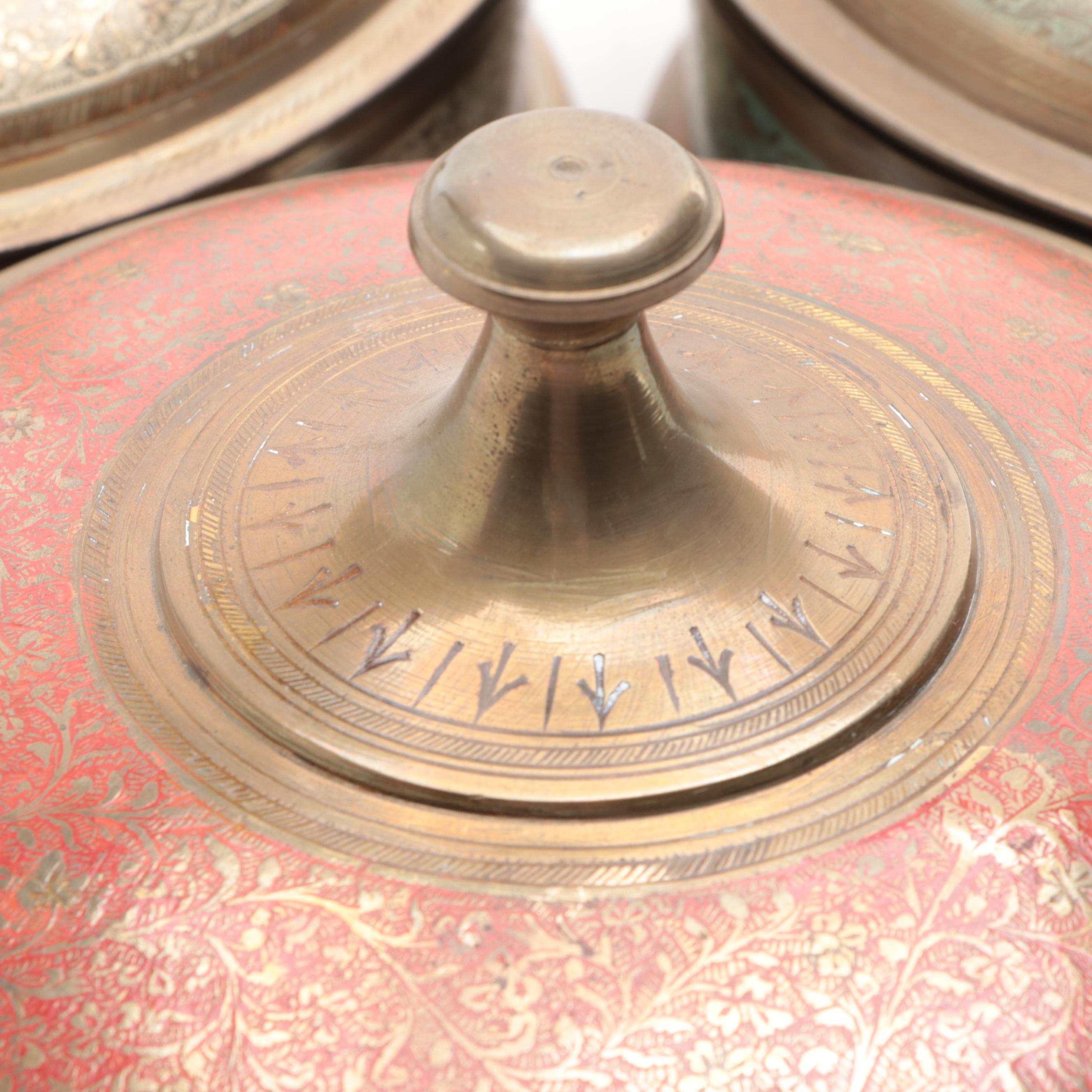 Indian Enameled and Carved Brass Boxes, Mid to Late 20th Century