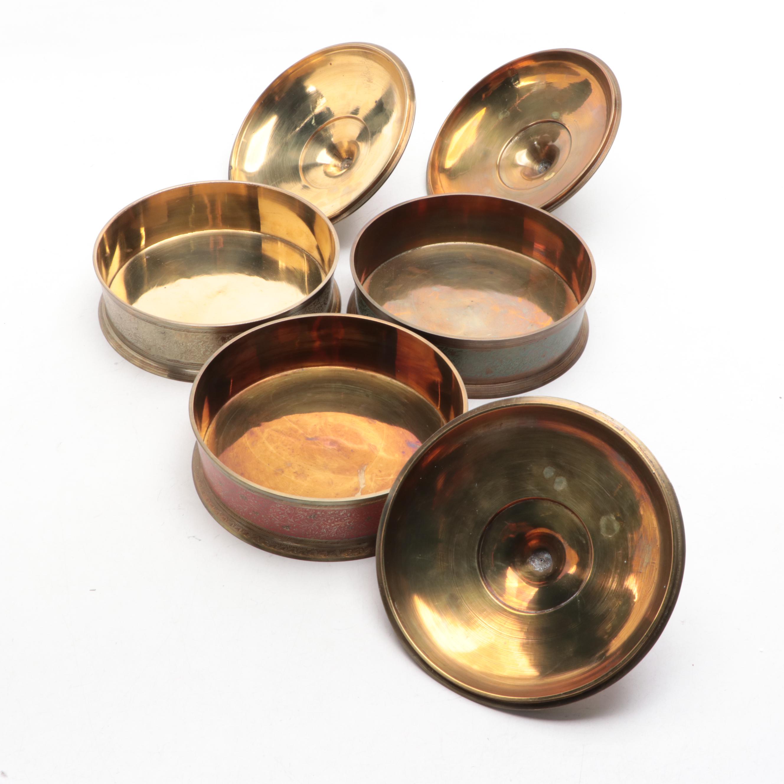 Indian Enameled and Carved Brass Boxes, Mid to Late 20th Century