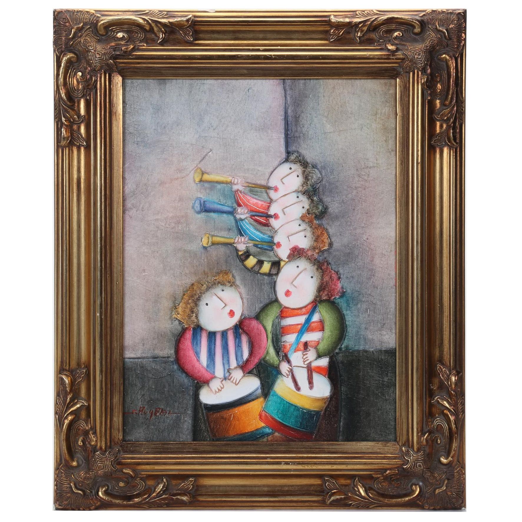 J. Roybal Oil Painting of Children Playing Drums and Horns, 21st Century