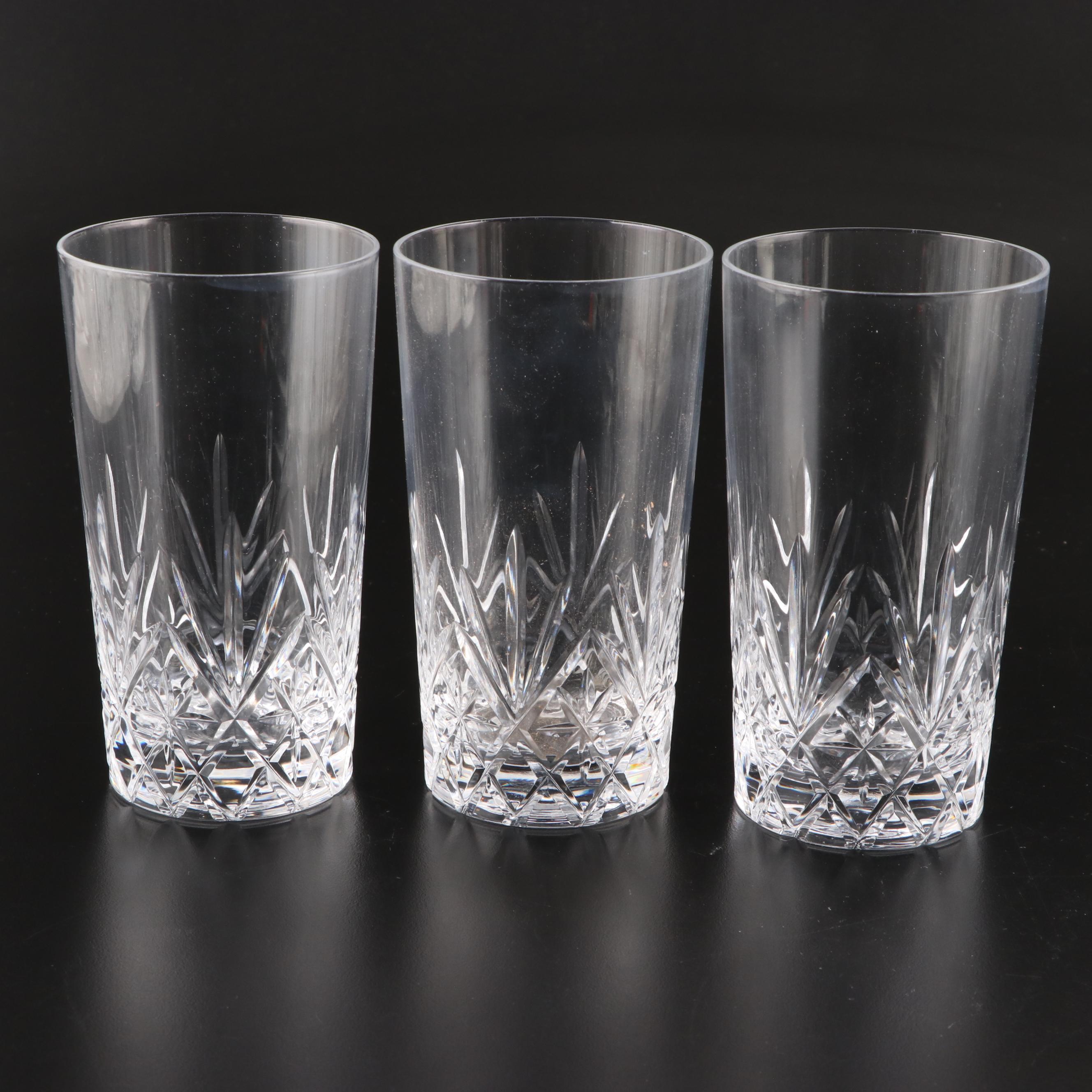 Three Ring Cut Glass Decanter with Collins and Old Fashioned Glasses