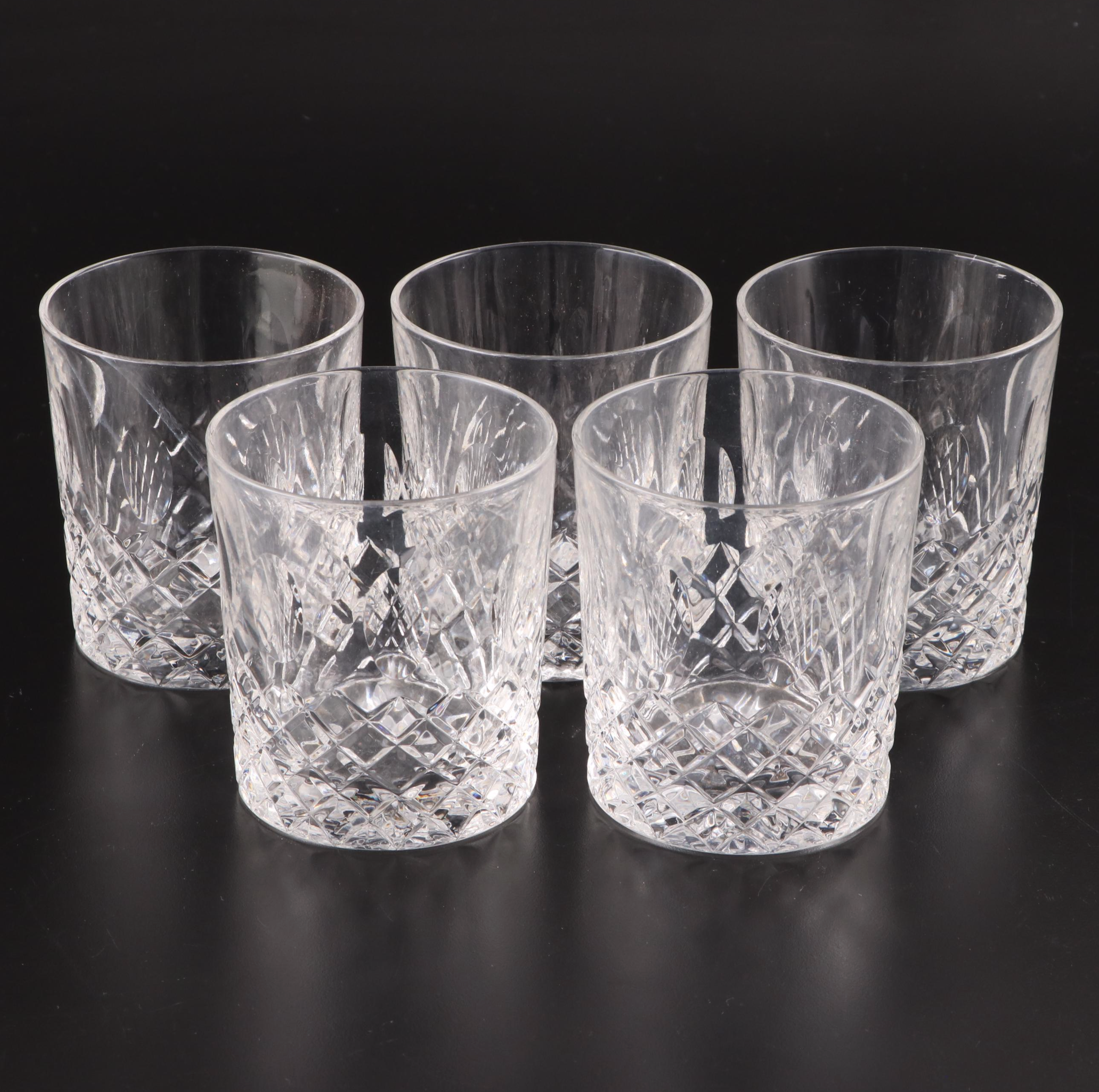 Three Ring Cut Glass Decanter with Collins and Old Fashioned Glasses