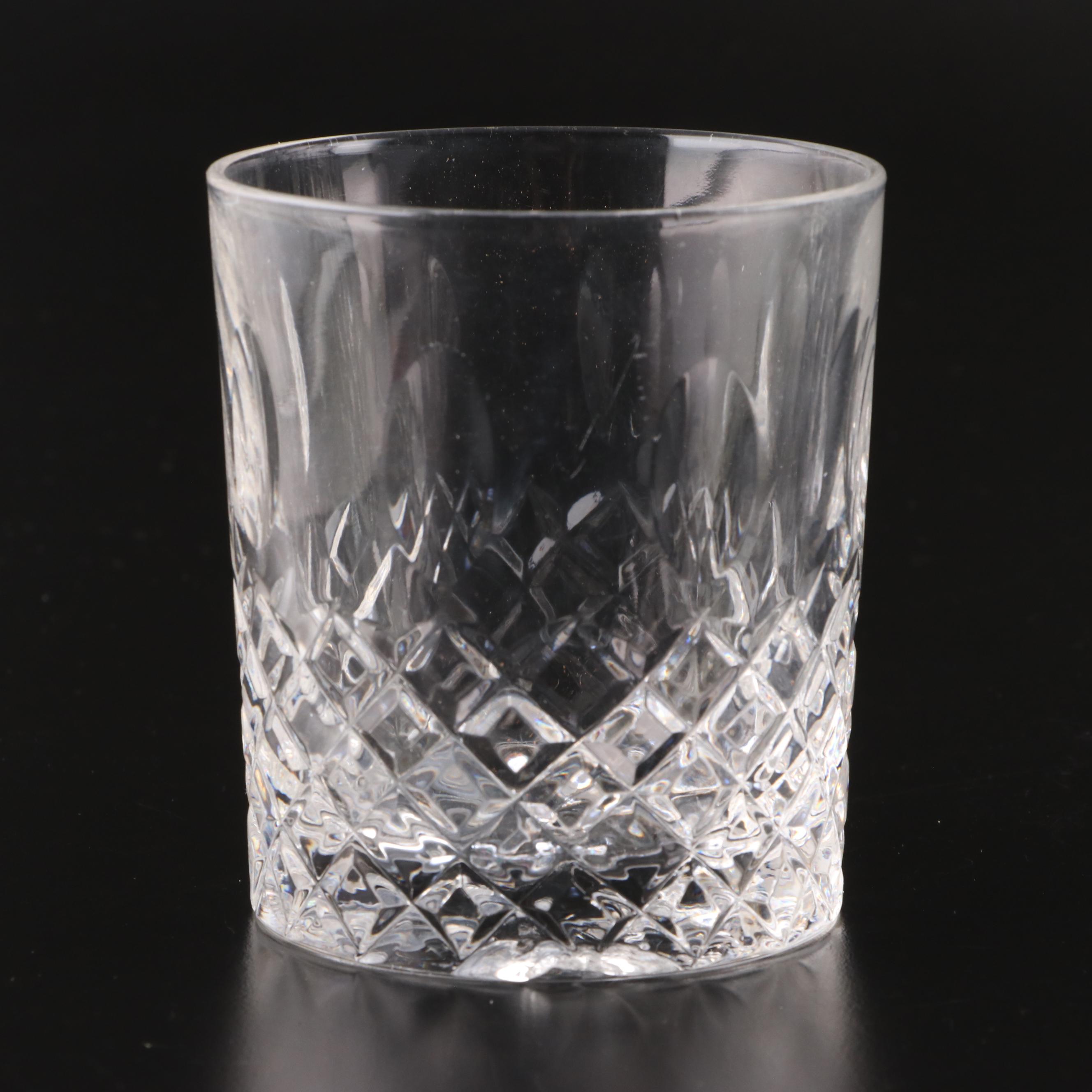 Three Ring Cut Glass Decanter with Collins and Old Fashioned Glasses