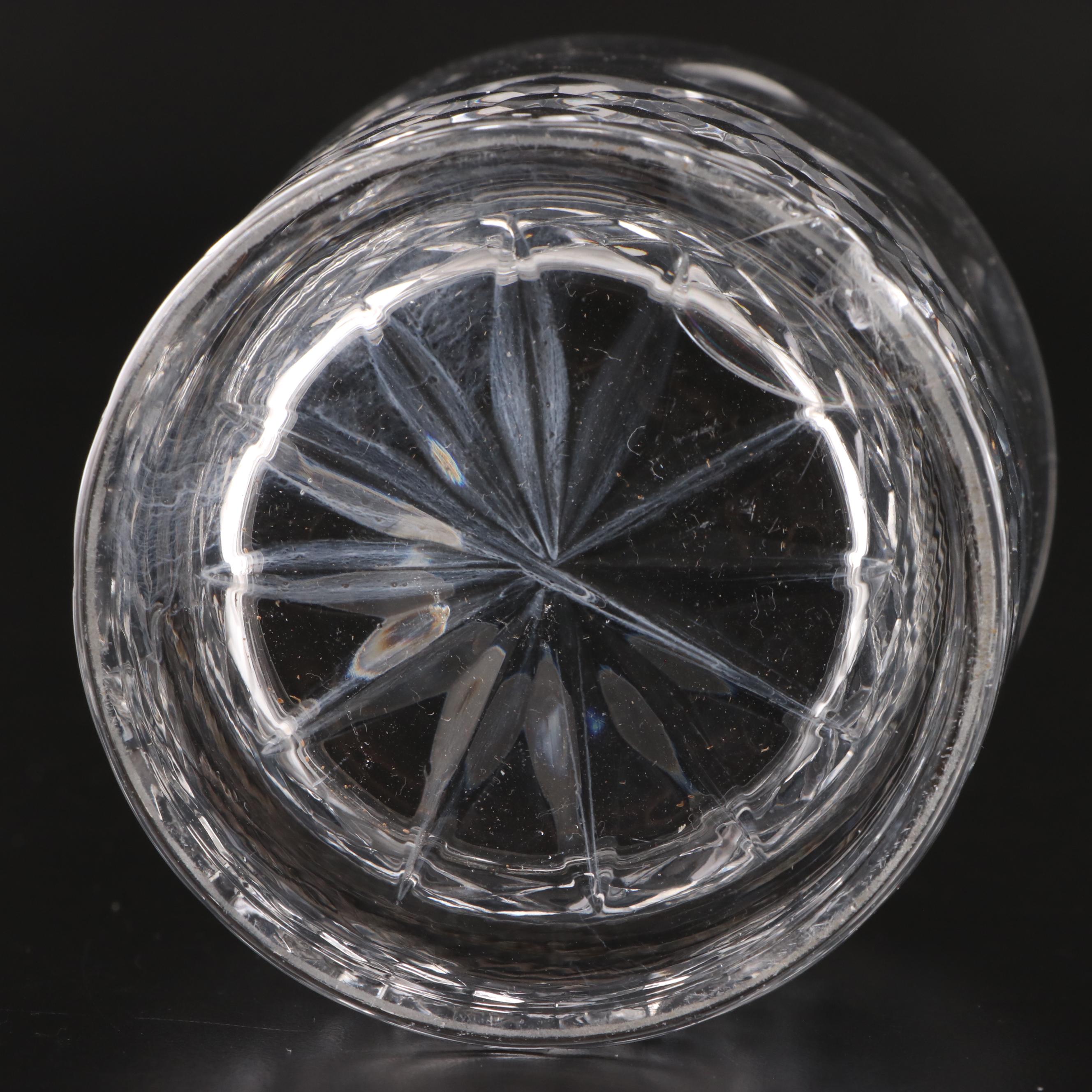 Three Ring Cut Glass Decanter with Collins and Old Fashioned Glasses