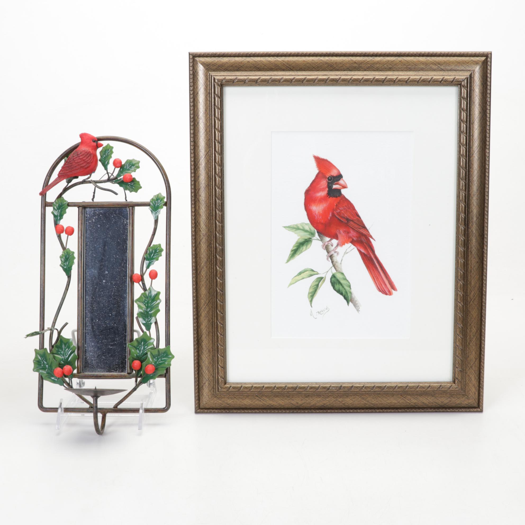 Red Cardinal Watercolor with Bird Themed Table Top Décor Collection