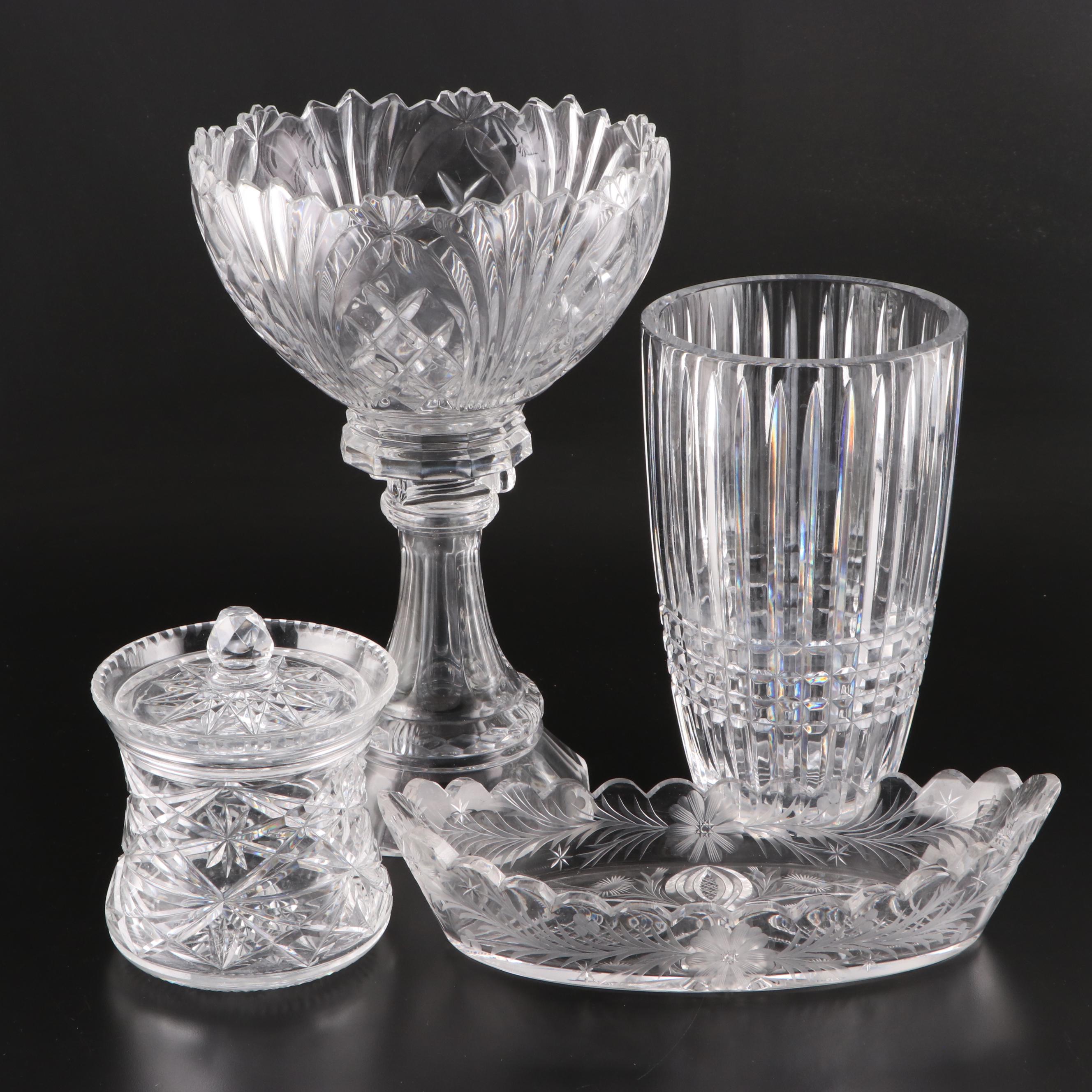 Crystal Glass Tableware Including Vase, Pedestal Bowl, Oblong Dish, Candy Dish