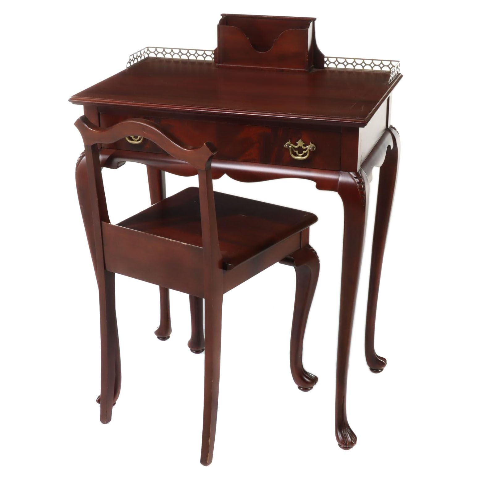 Queen Anne Style Mahogany Telephone Table and Chair