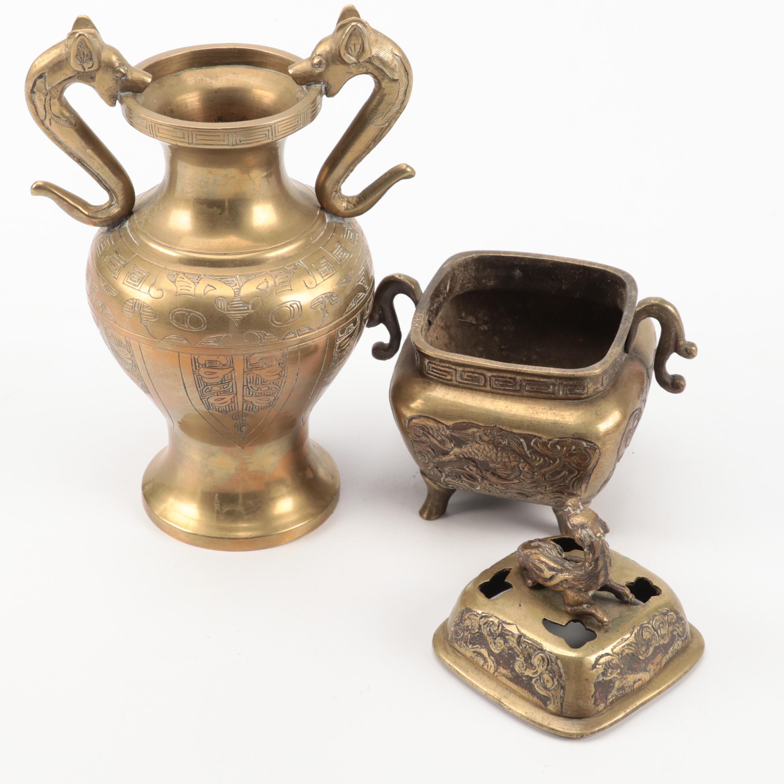 Chinese Brass Tray, Gong Bell, Censer, Vase and Bowl, 20th Century