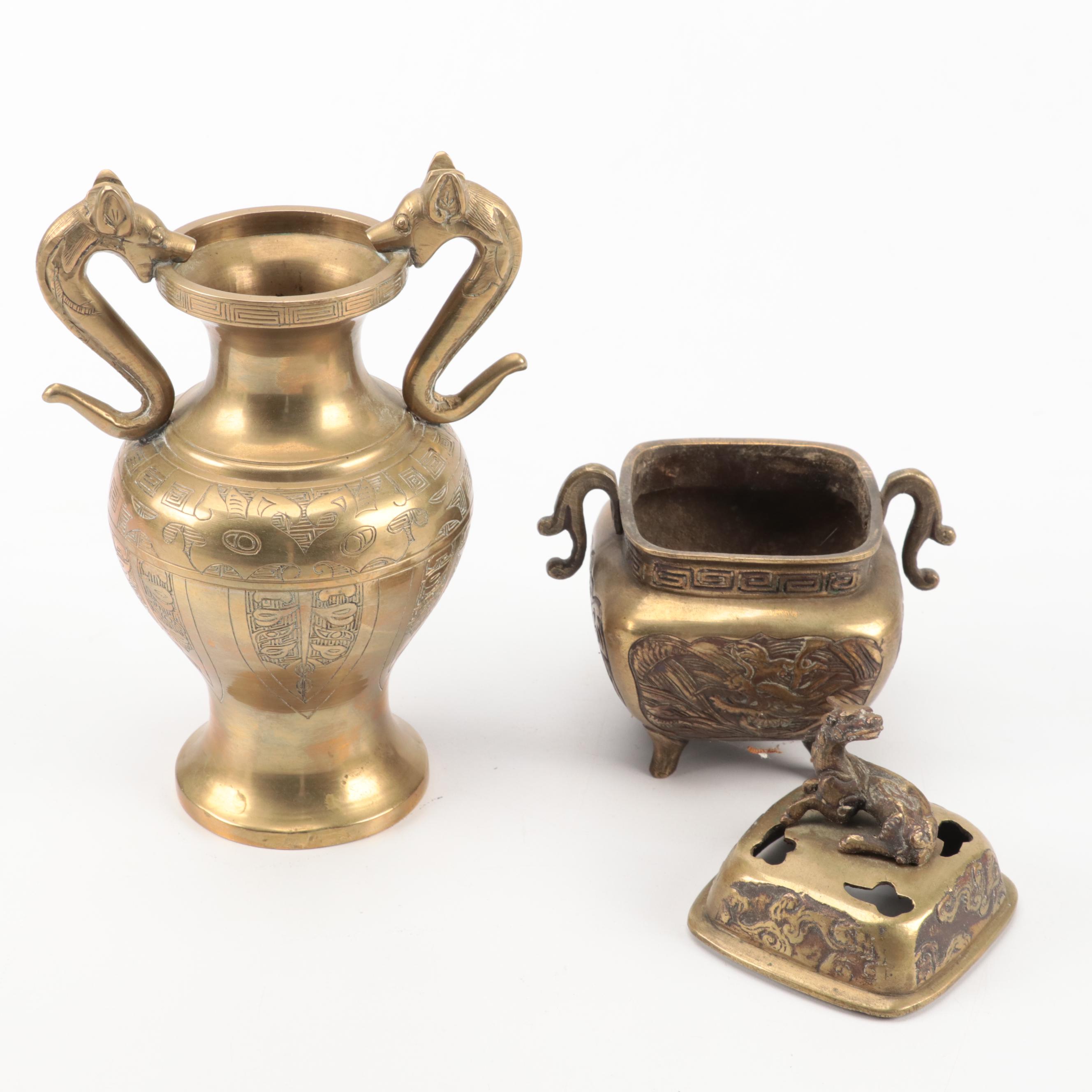 Chinese Brass Tray, Gong Bell, Censer, Vase and Bowl, 20th Century