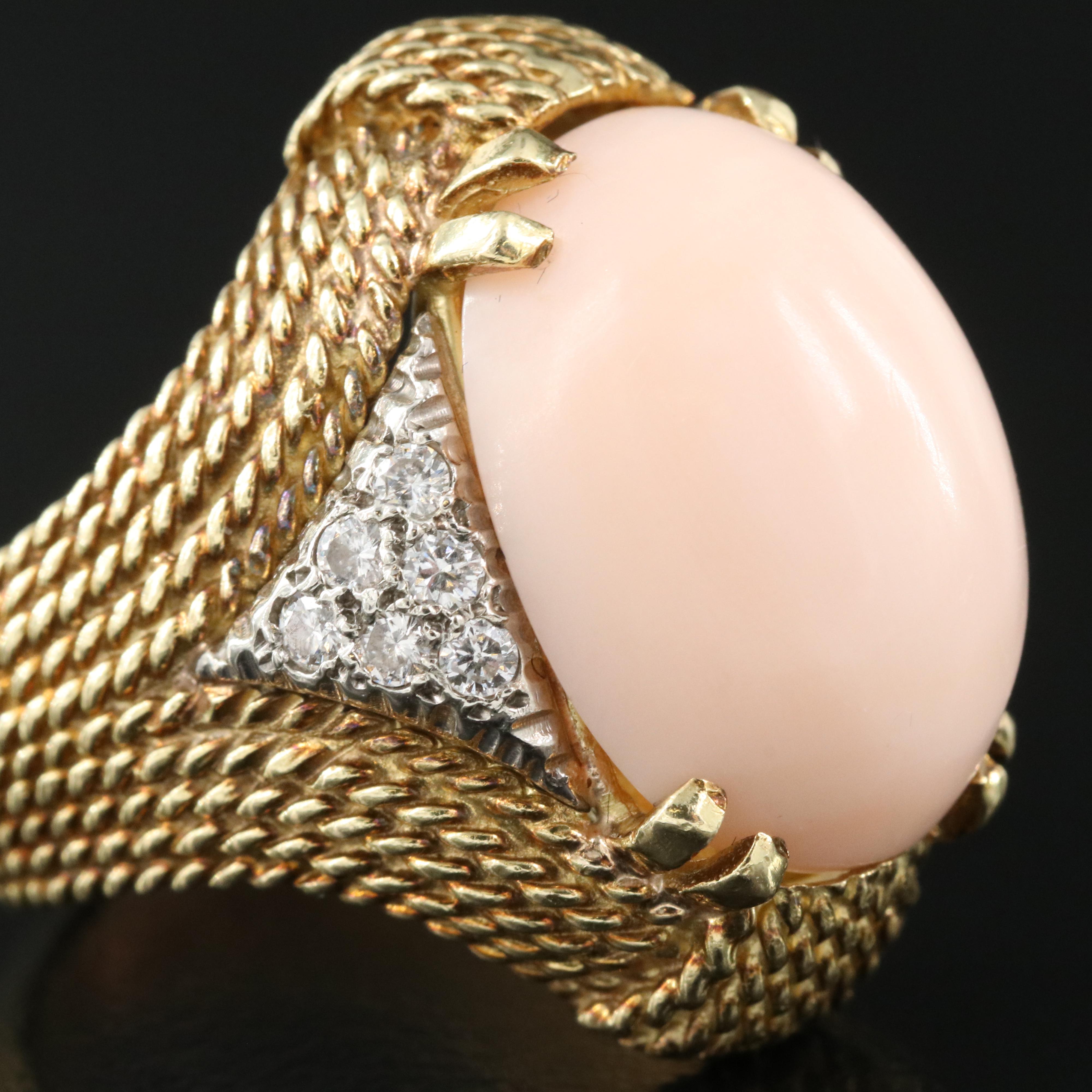 18K Coral and Diamond Ring with 14K Accents