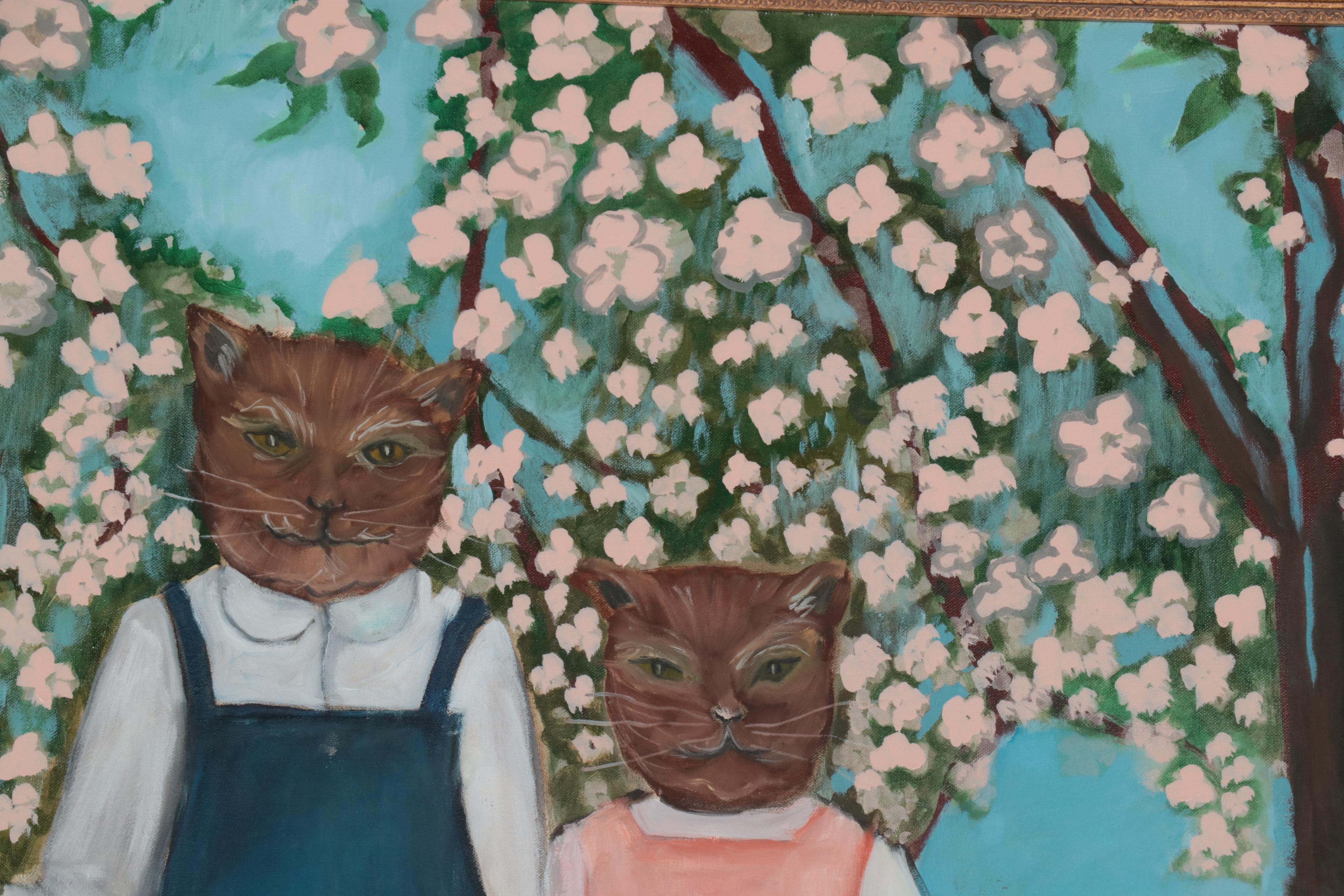 Oil Painting of Anthropomorphic Cats in Landscape of Flowering Trees