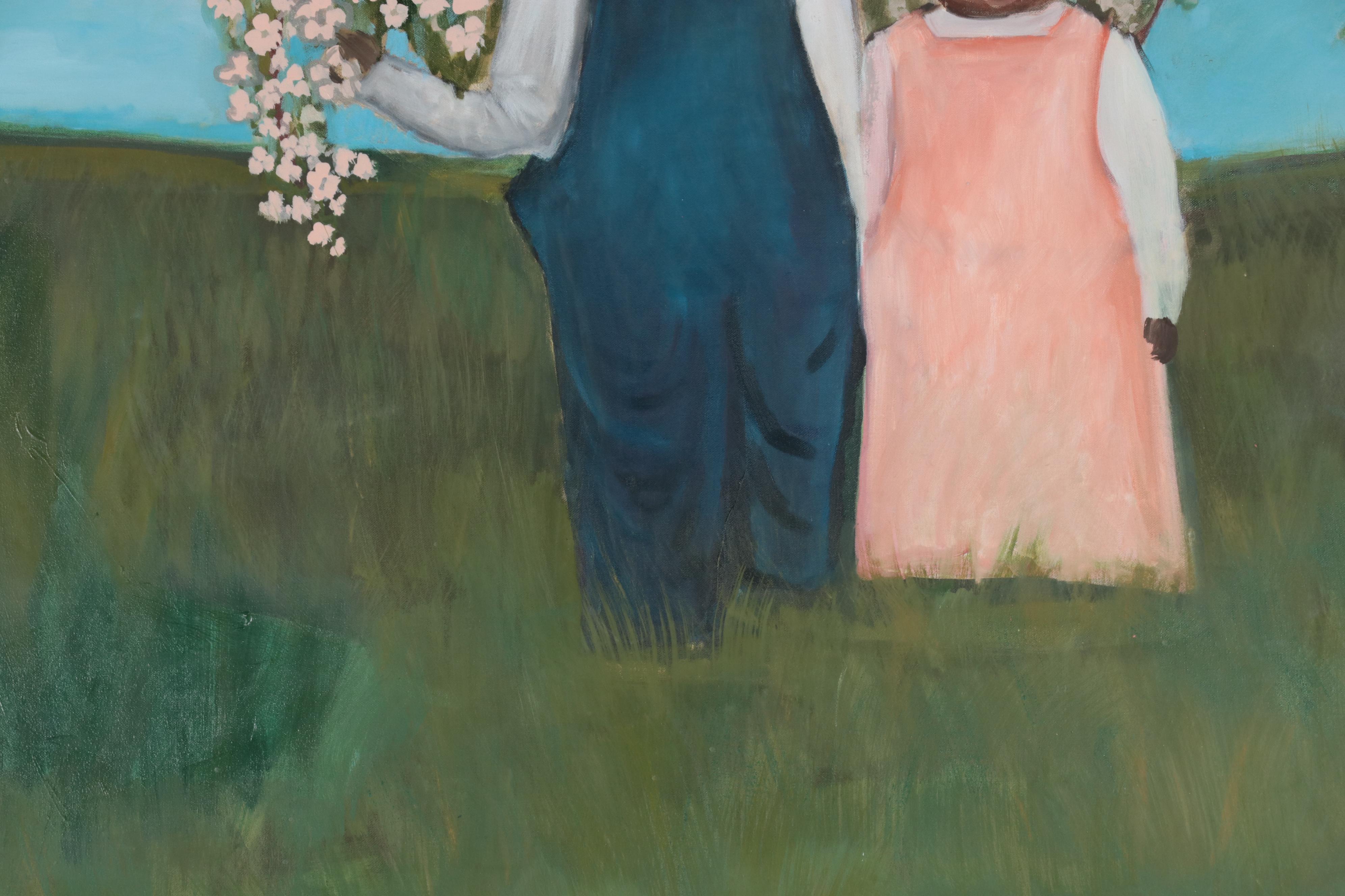 Oil Painting of Anthropomorphic Cats in Landscape of Flowering Trees