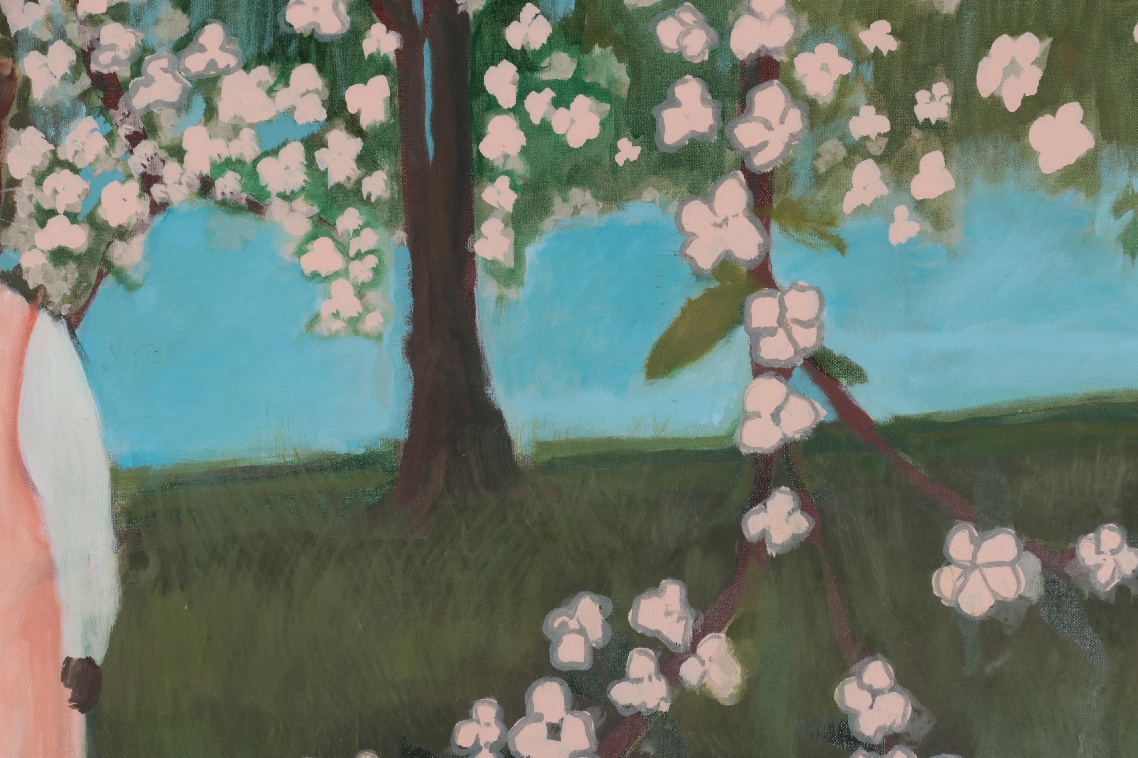 Oil Painting of Anthropomorphic Cats in Landscape of Flowering Trees