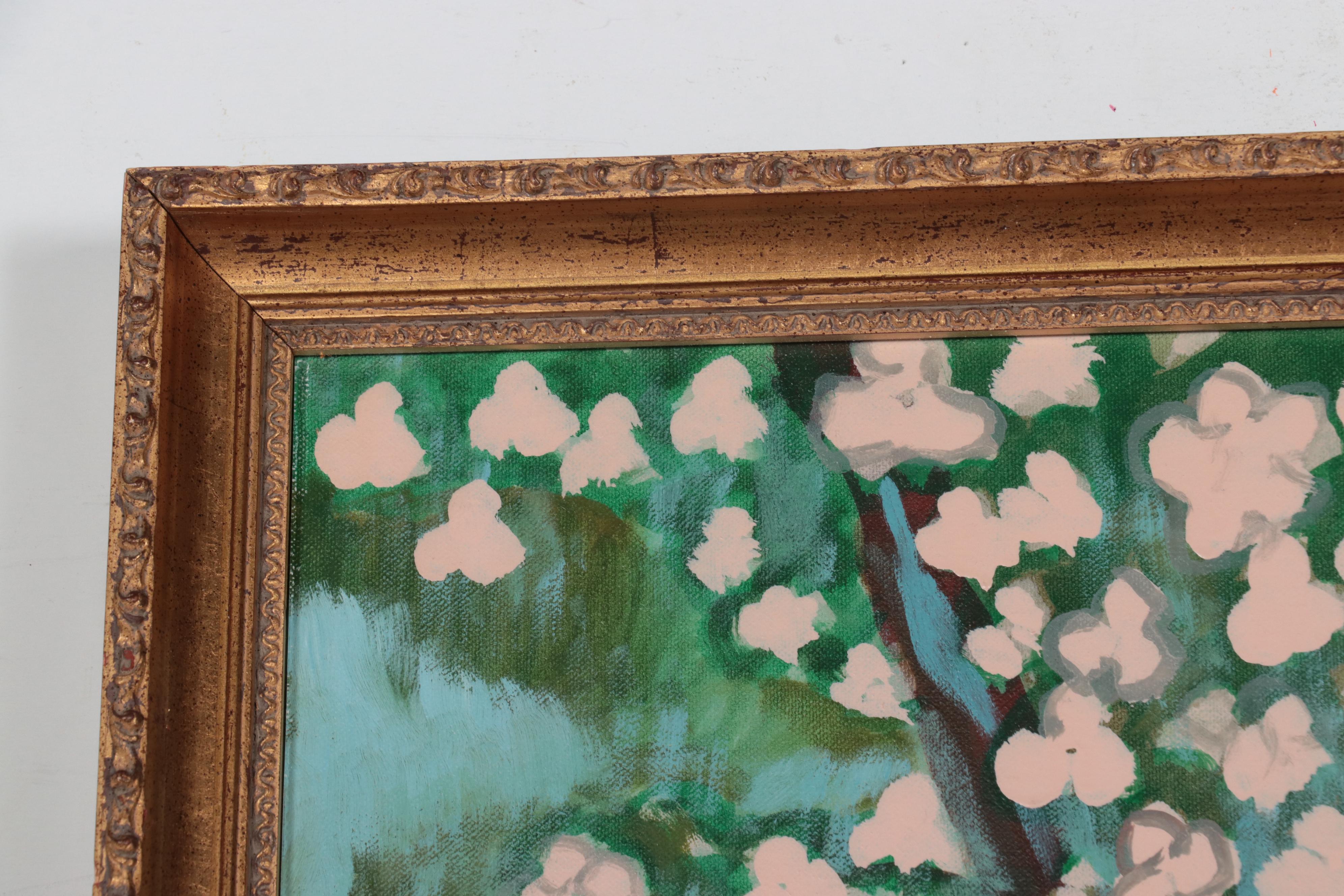 Oil Painting of Anthropomorphic Cats in Landscape of Flowering Trees