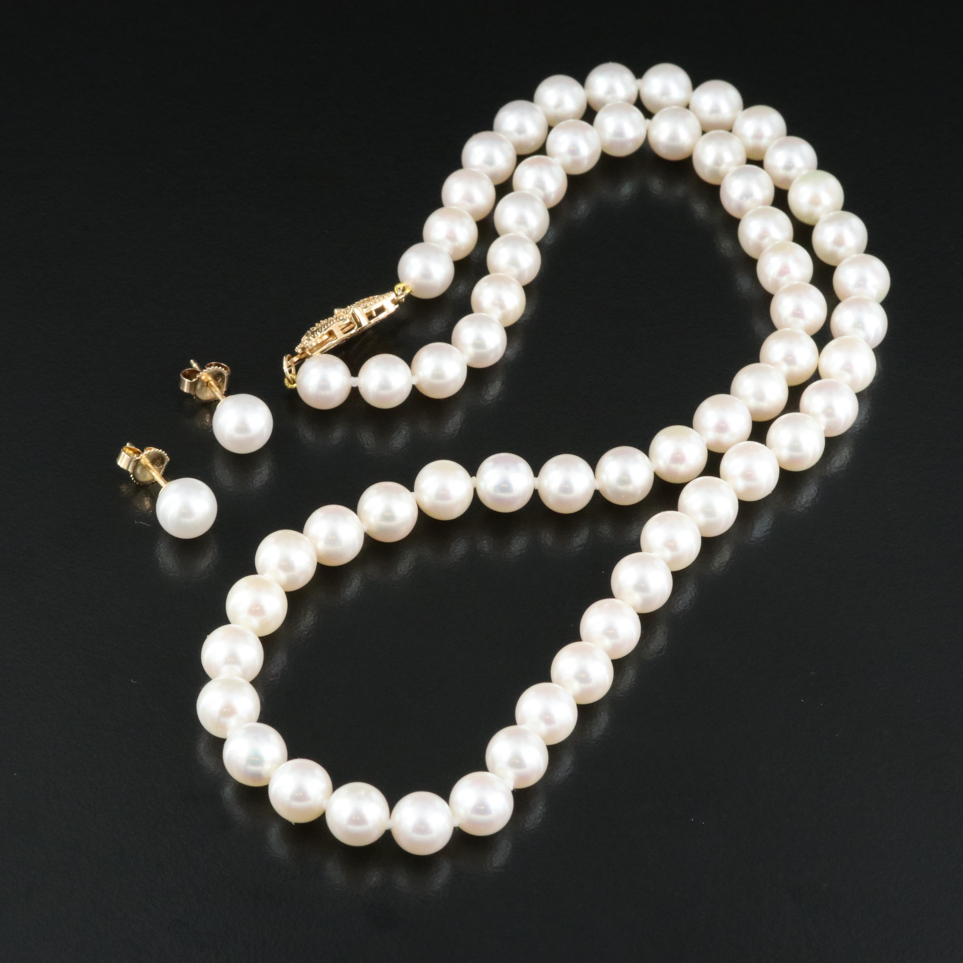 Sea Magic by Blue Lagoon for Mikimoto USA 14K Pearl Necklace and Stud Earrings