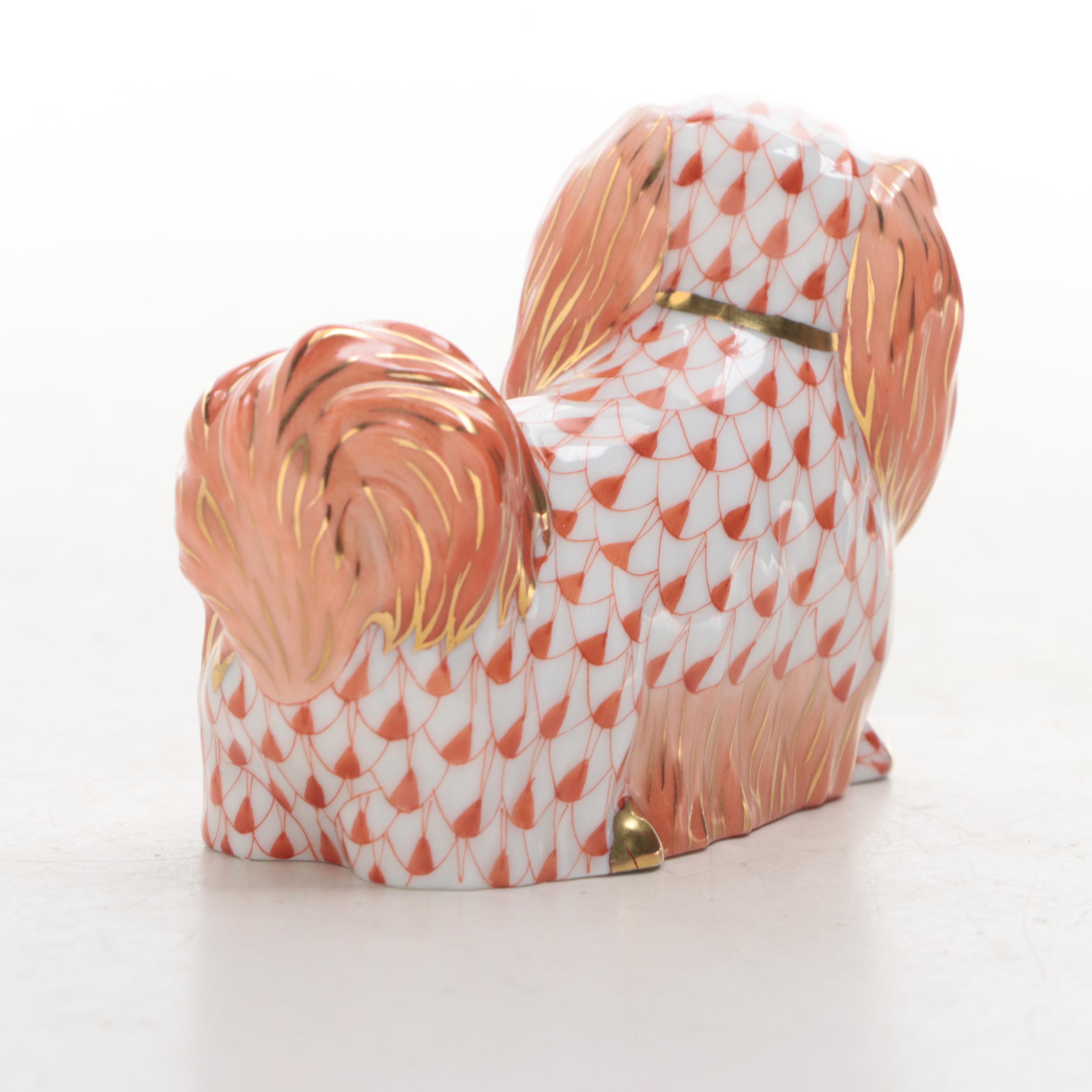 Herend Rust Fishnet with Gold "Pekingese" Porcelain Figurine