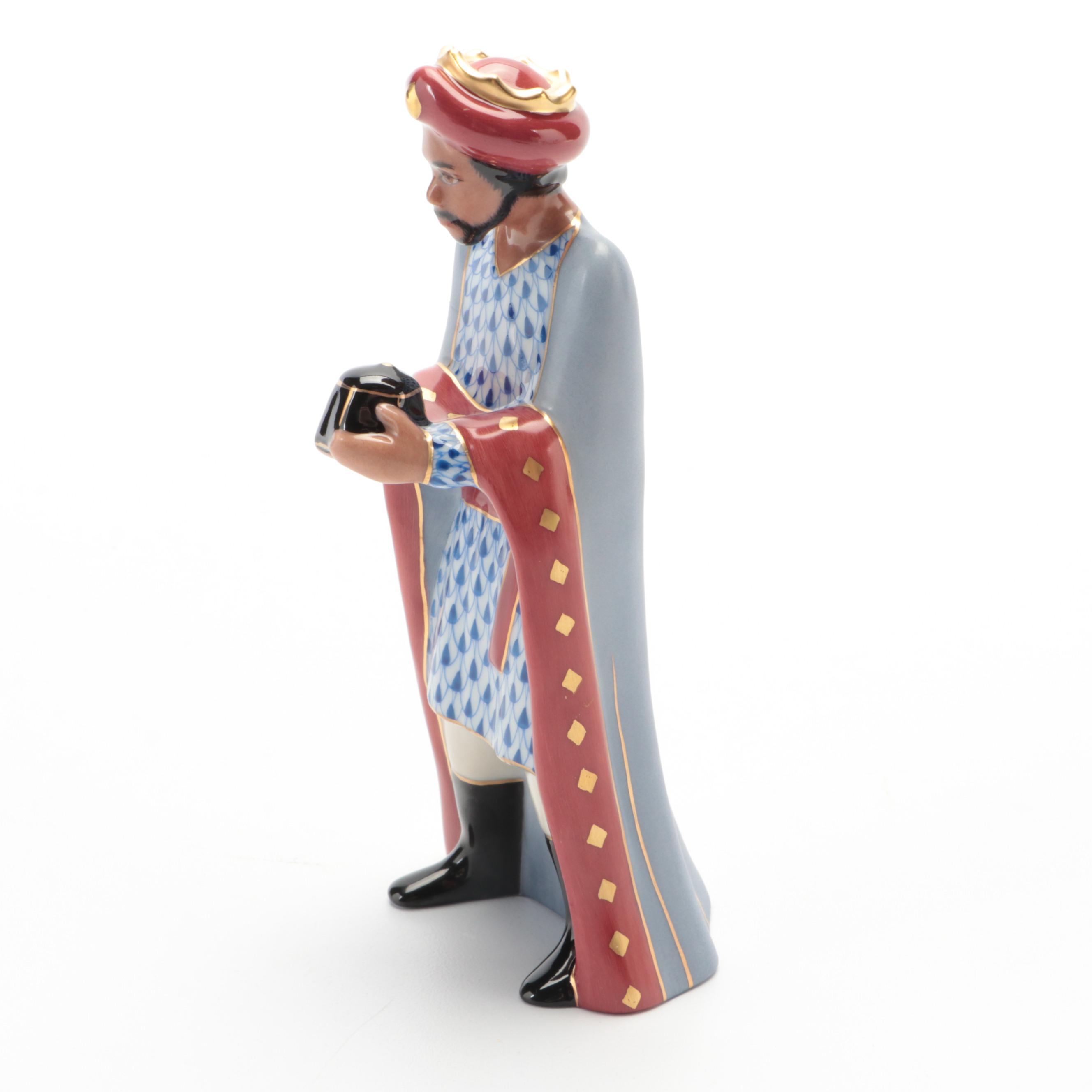 Herend Sapphire Fishnet with Gold "Balthazar" Nativity Porcelain Figurine