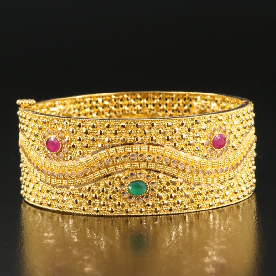 18K Ruby, Chalcedony and Cubic Zirconia Openwork Hinged Bangle