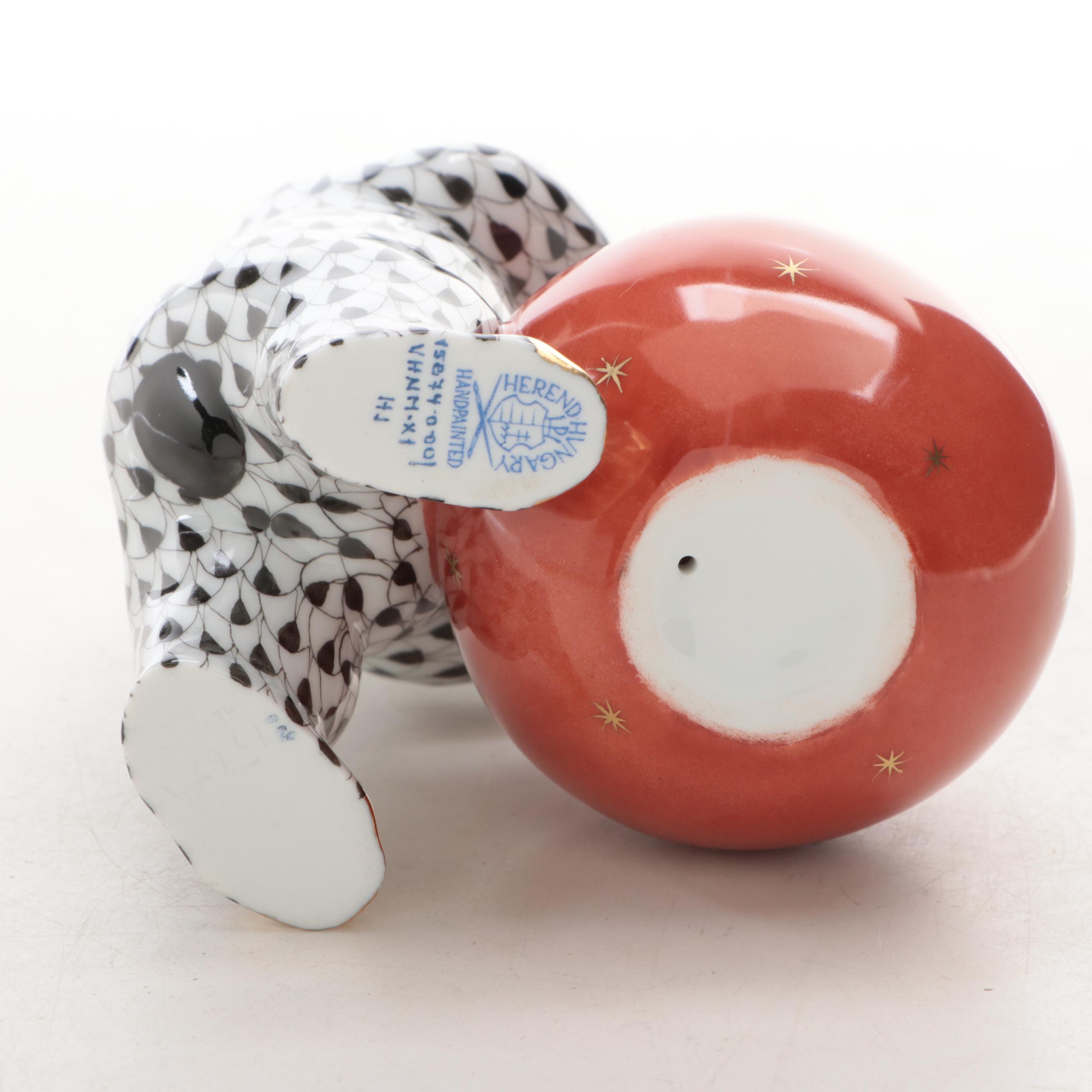 Herend Black Fishnet with Gold "Bear with Ball" Porcelain Figurine