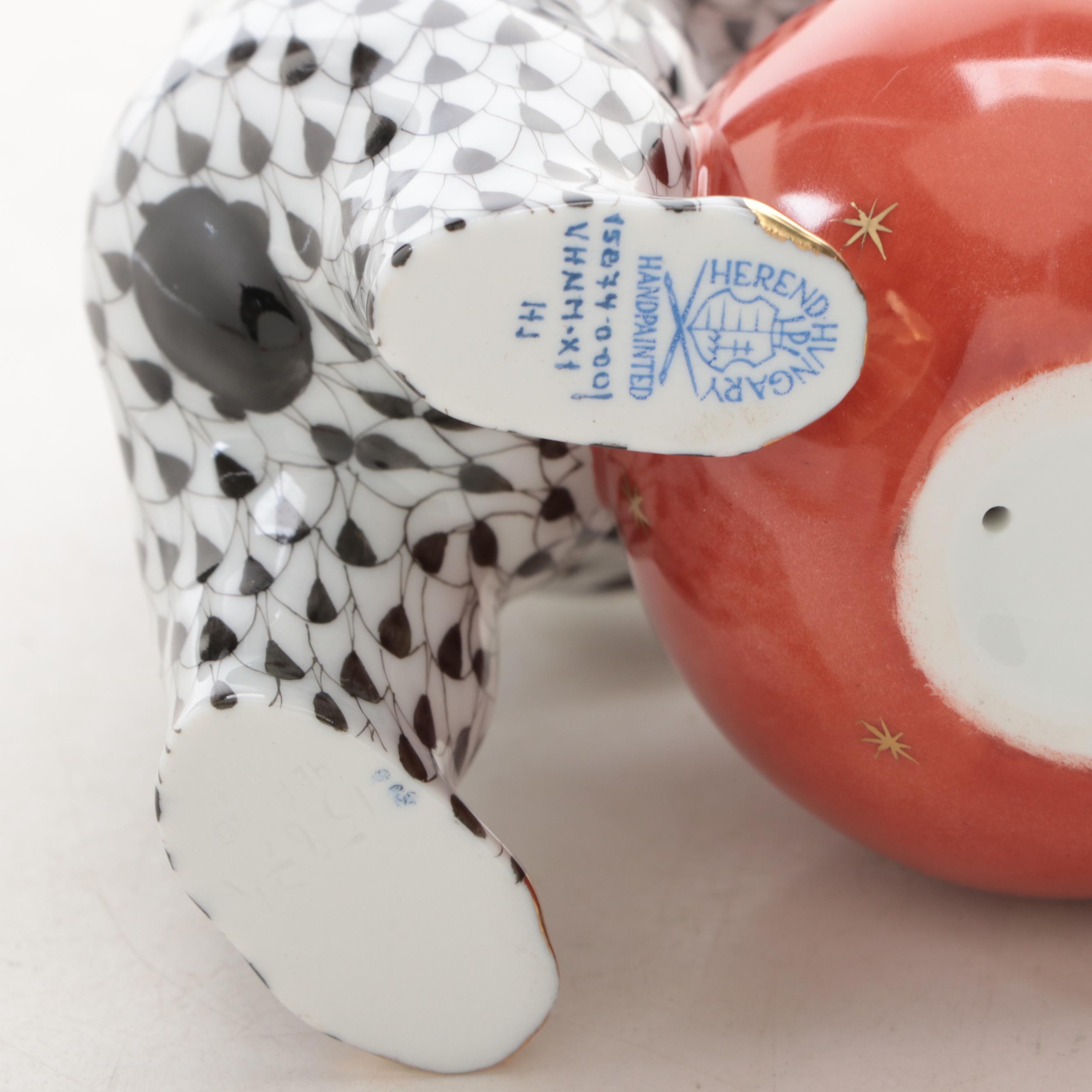 Herend Black Fishnet with Gold "Bear with Ball" Porcelain Figurine