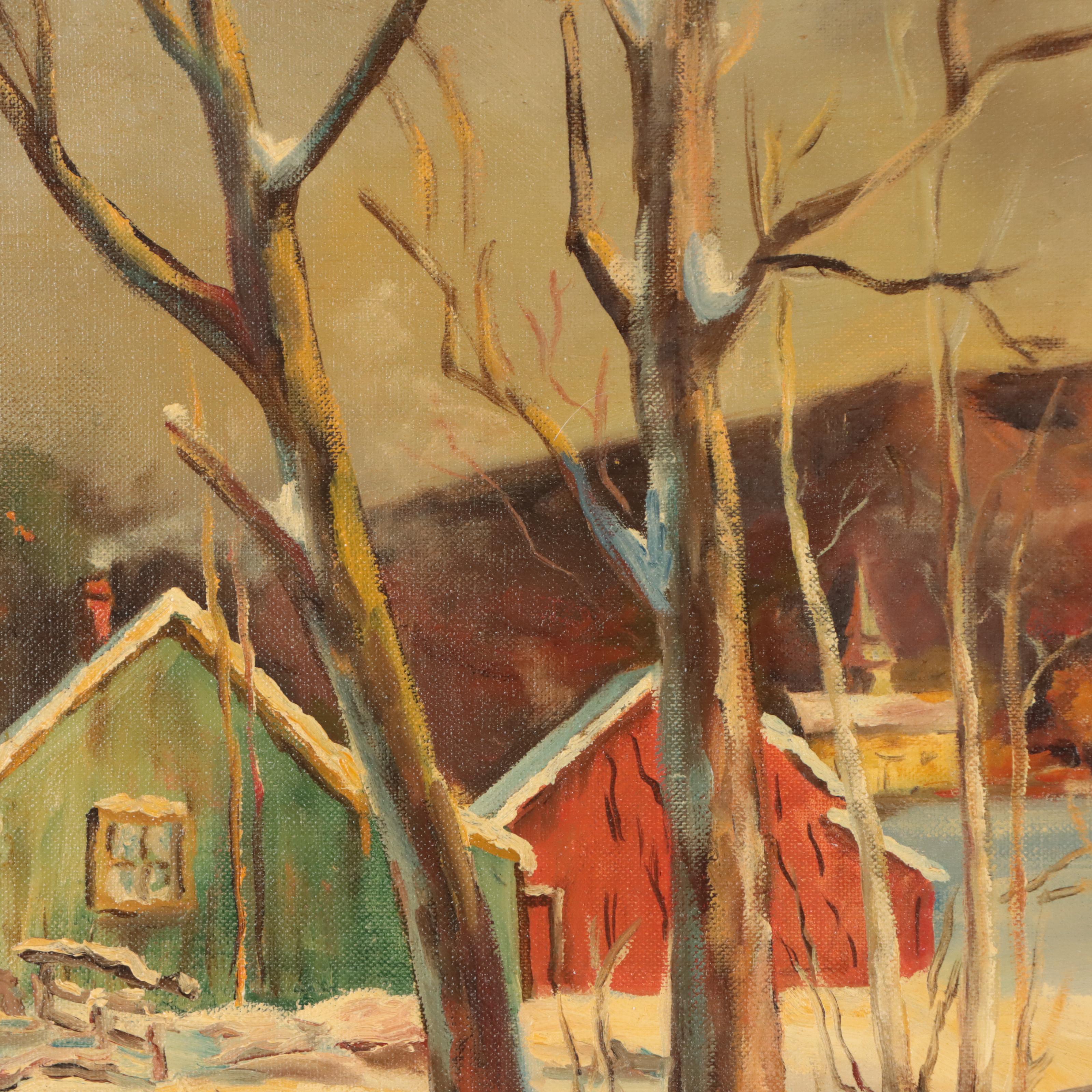 Robert Wood Winter Village Landscape Oil Painting, Mid-20th Century