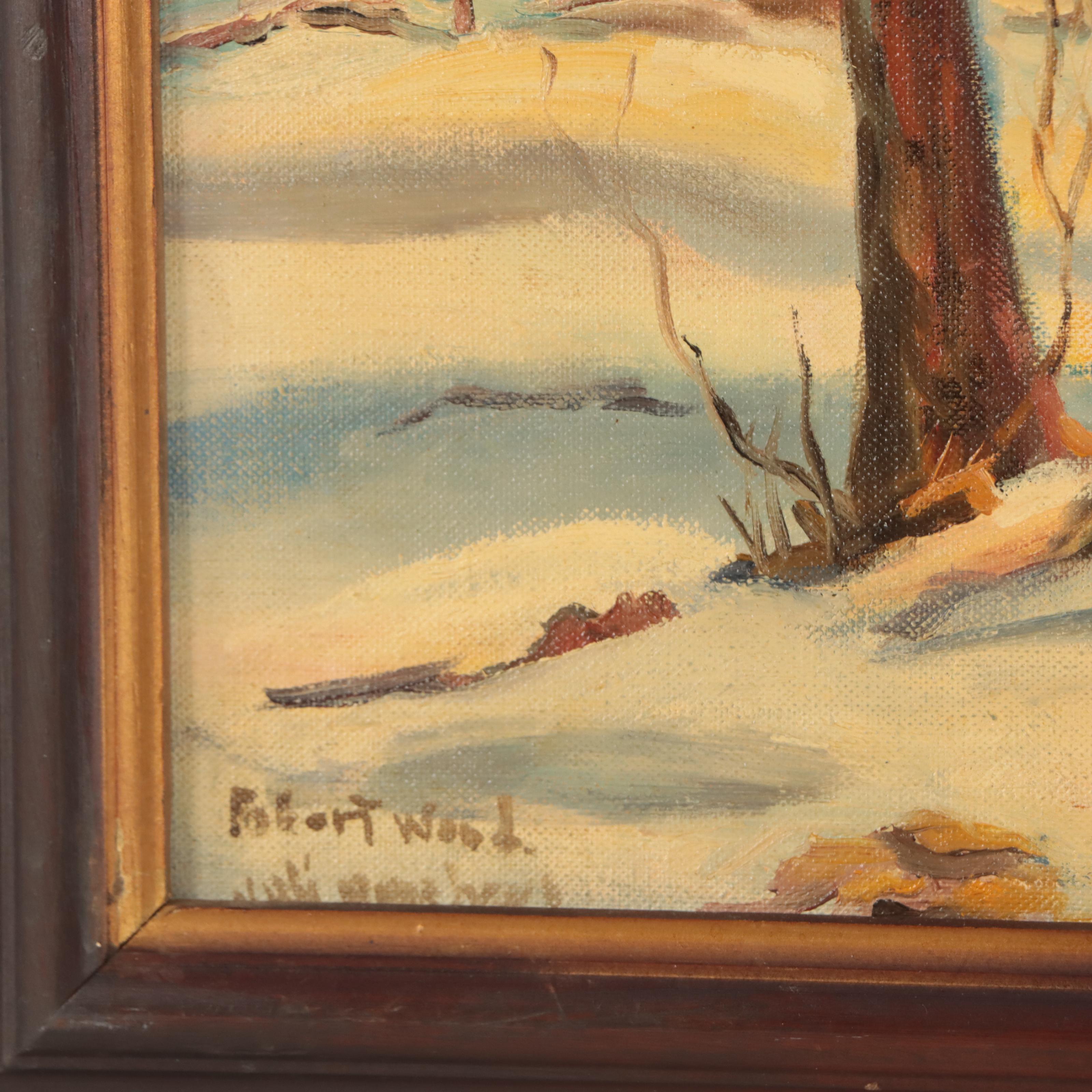 Robert Wood Winter Village Landscape Oil Painting, Mid-20th Century