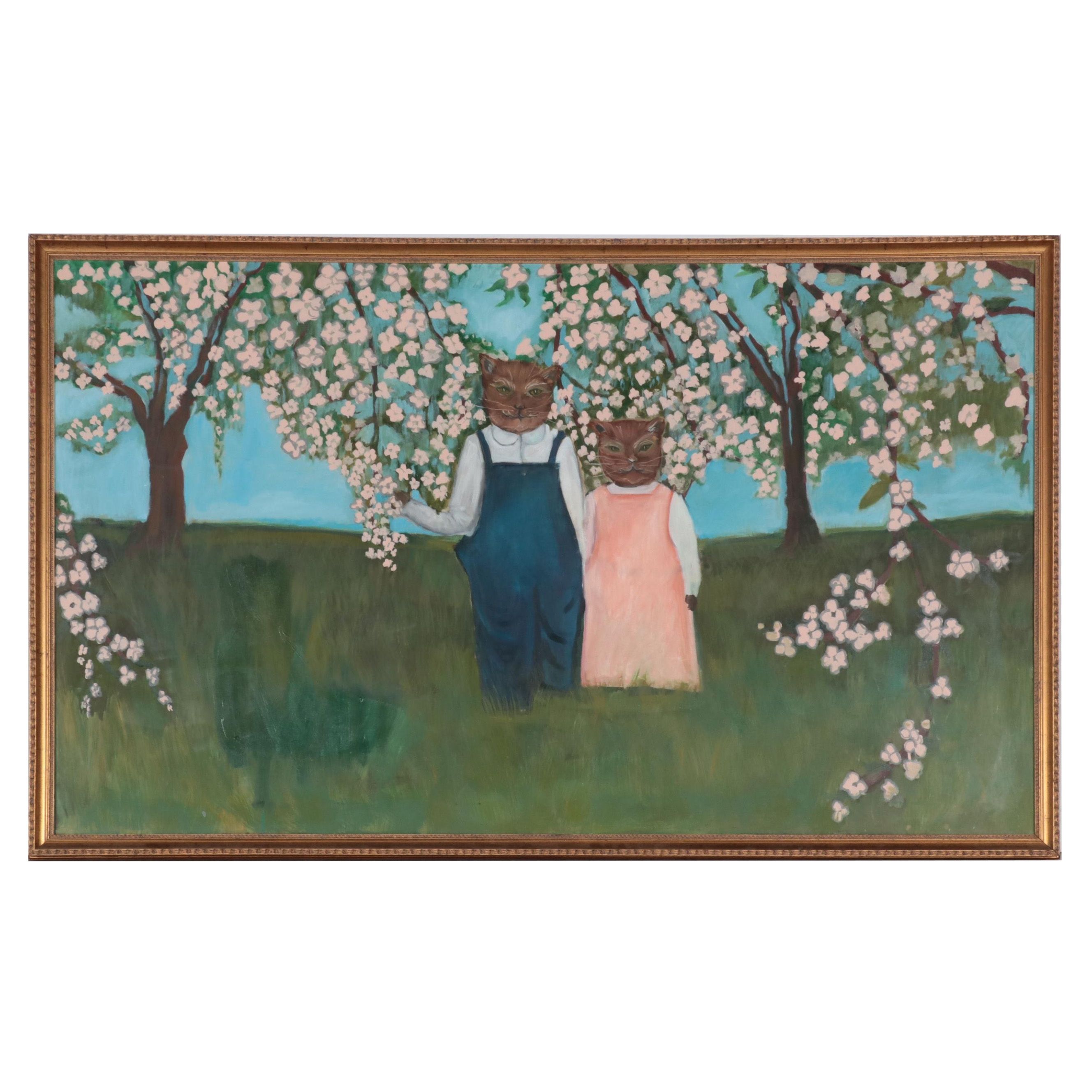 Oil Painting of Anthropomorphic Cats in Landscape of Flowering Trees