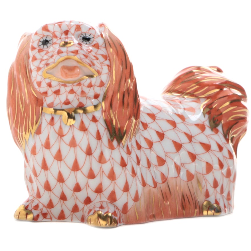 Herend Rust Fishnet with Gold "Pekingese" Porcelain Figurine