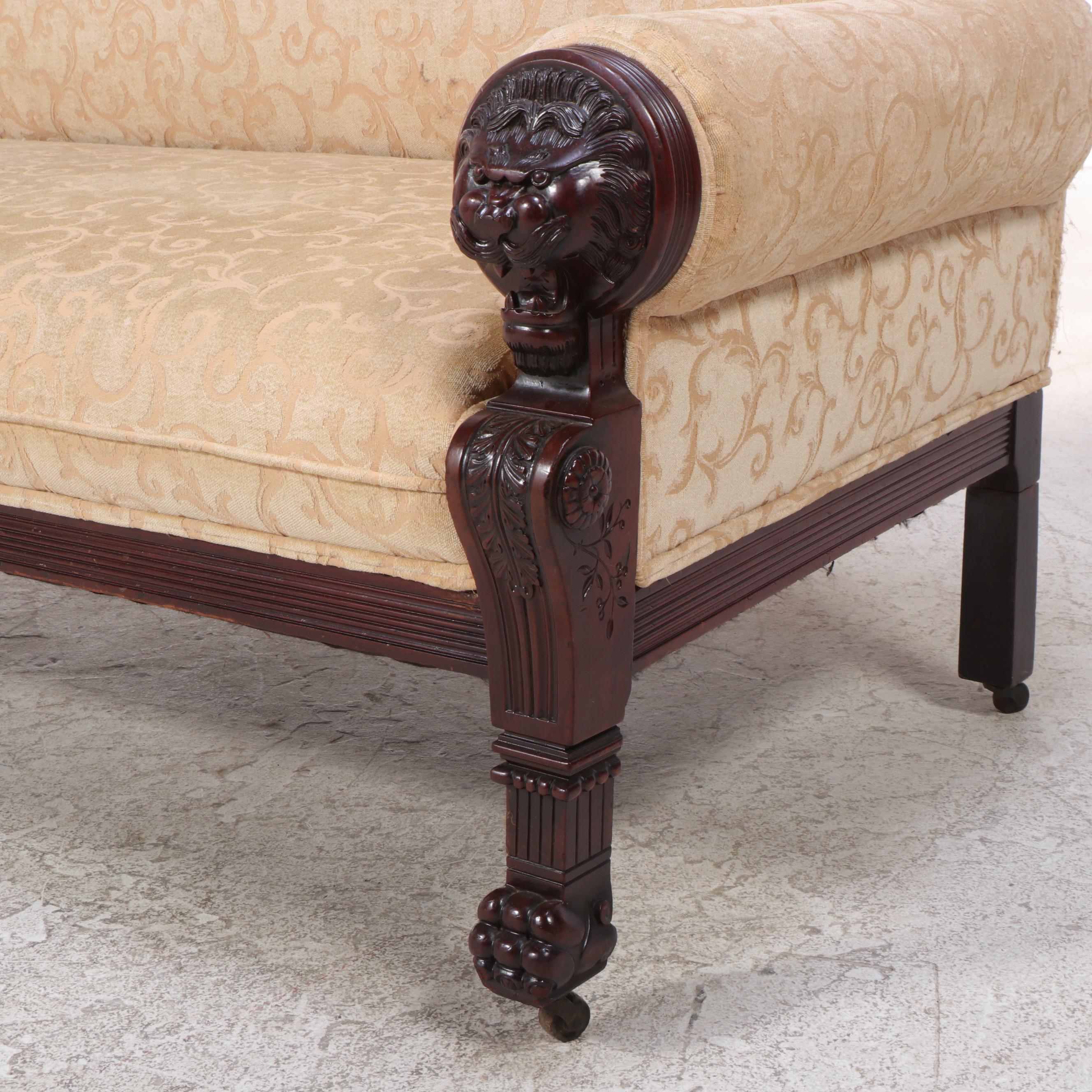 Renaissance Revival Carved Walnut and Custom-Upholstered Sofa