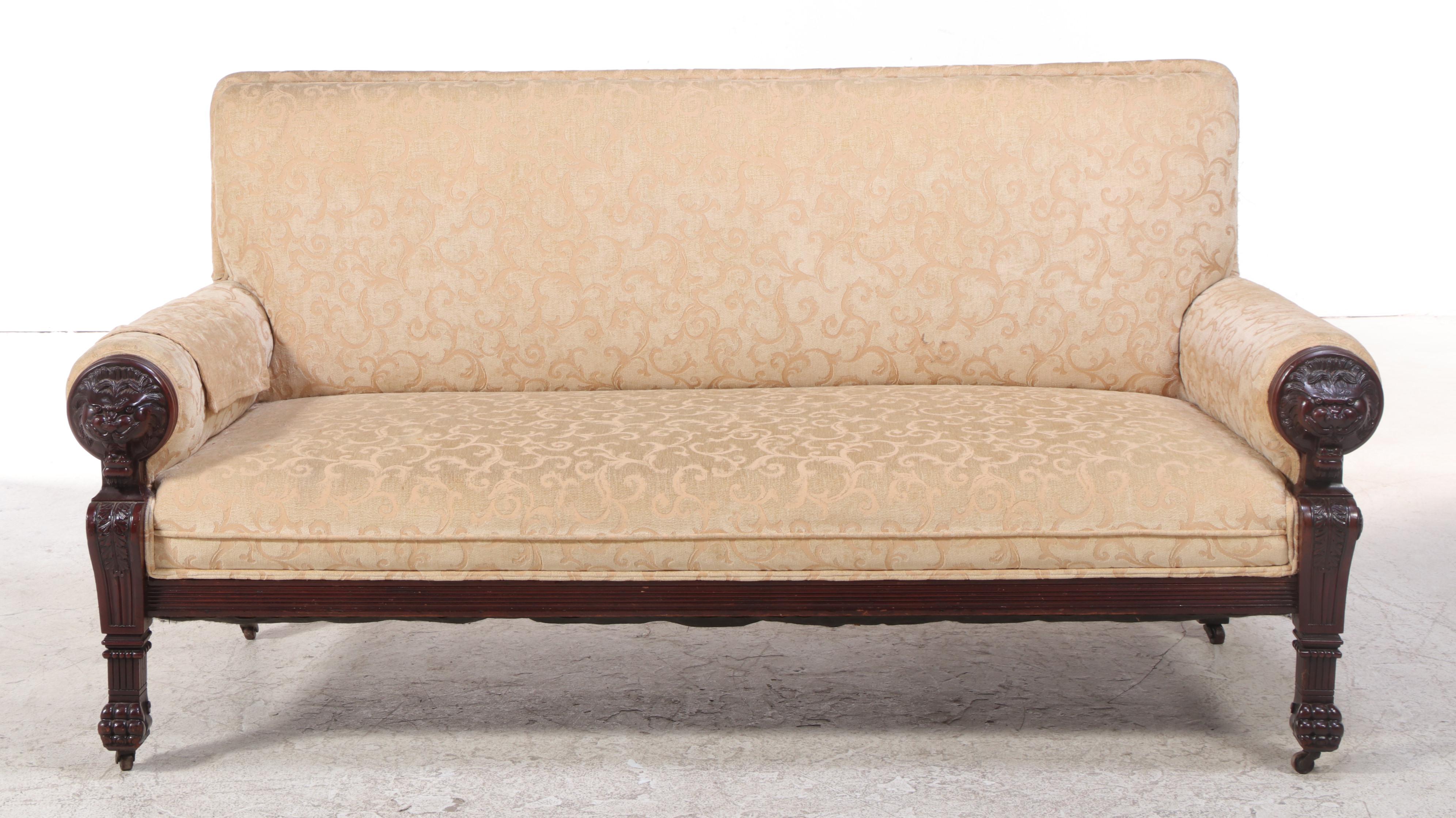 Renaissance Revival Carved Walnut and Custom-Upholstered Sofa