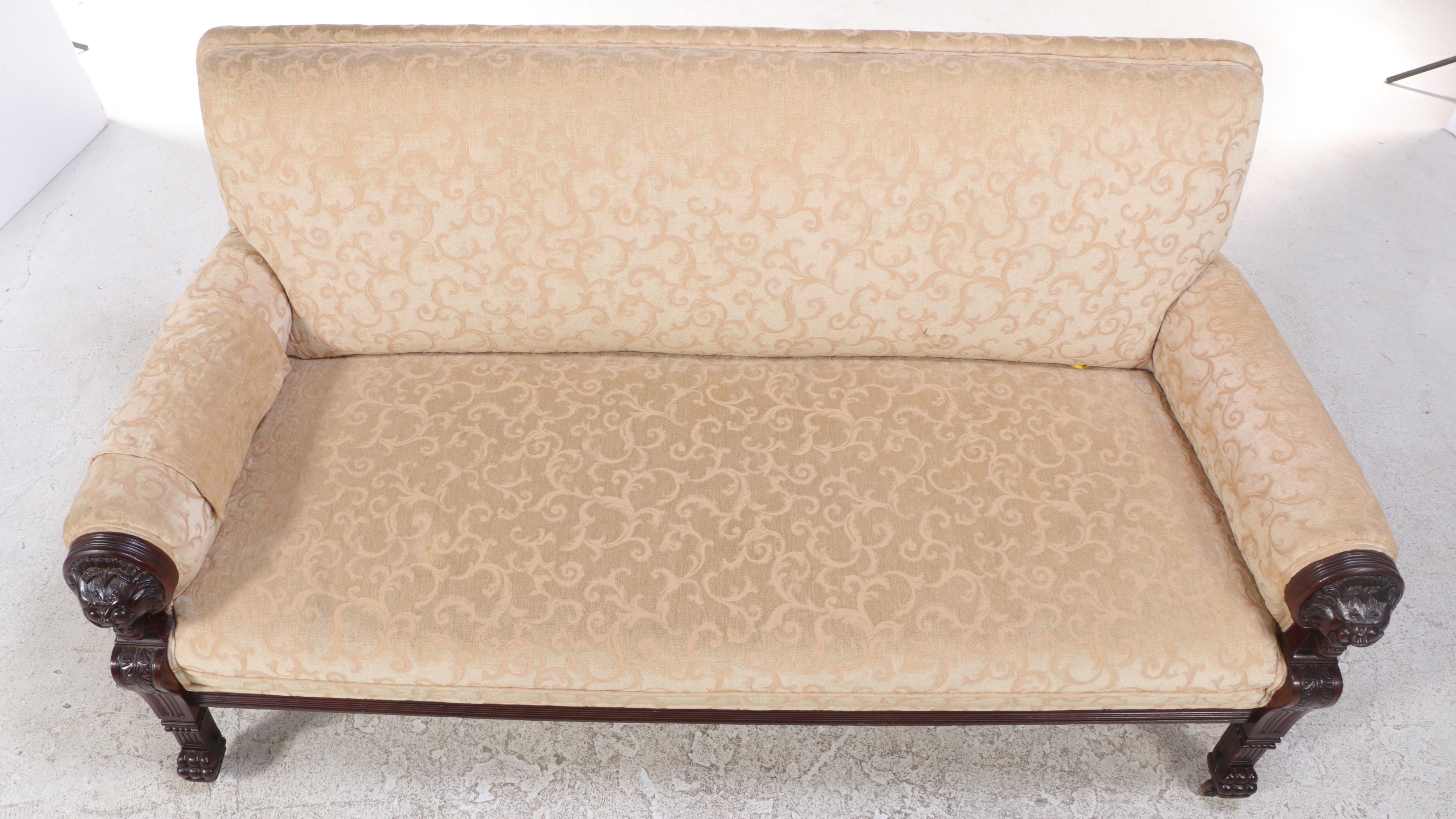 Renaissance Revival Carved Walnut and Custom-Upholstered Sofa