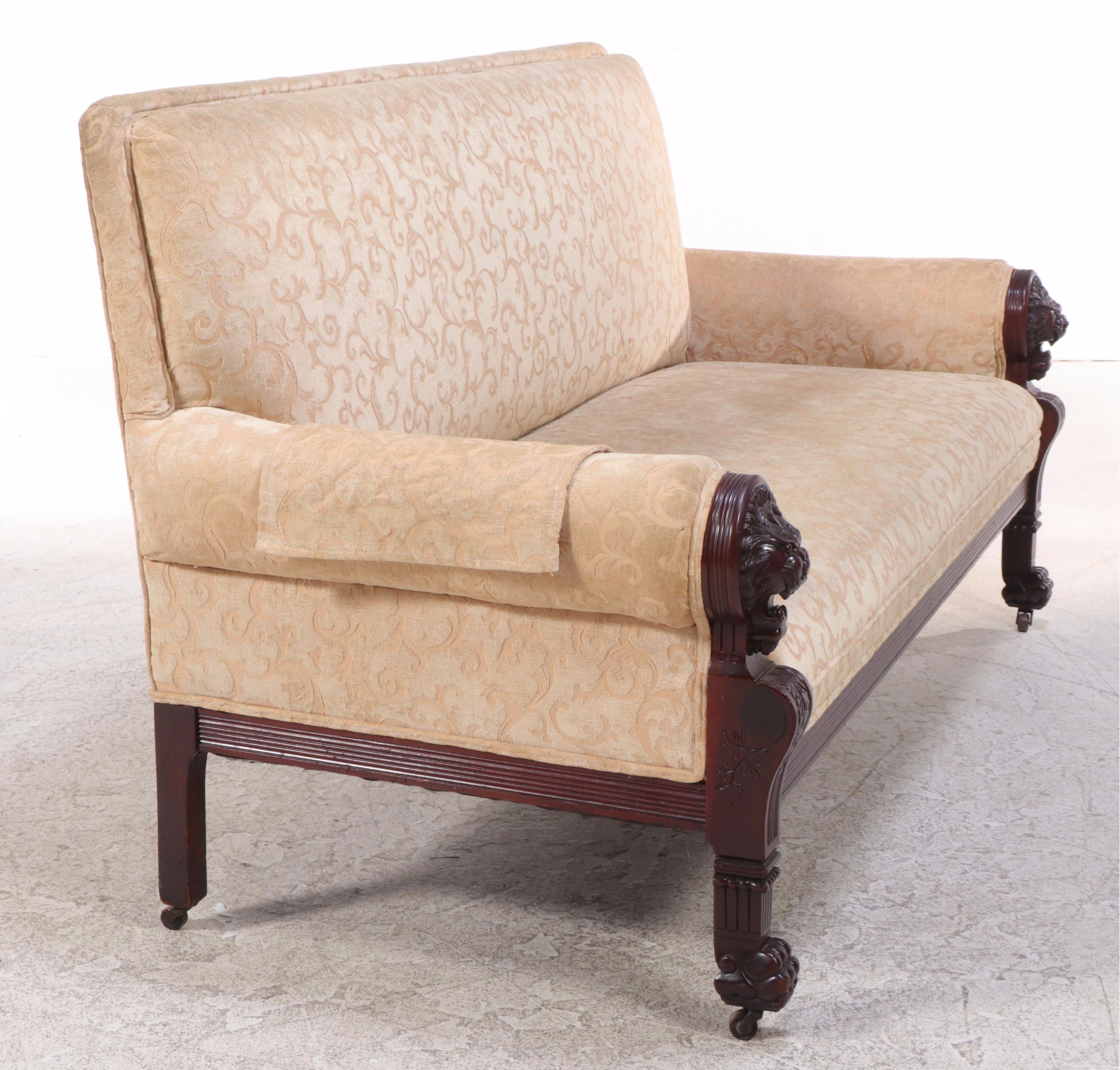 Renaissance Revival Carved Walnut and Custom-Upholstered Sofa