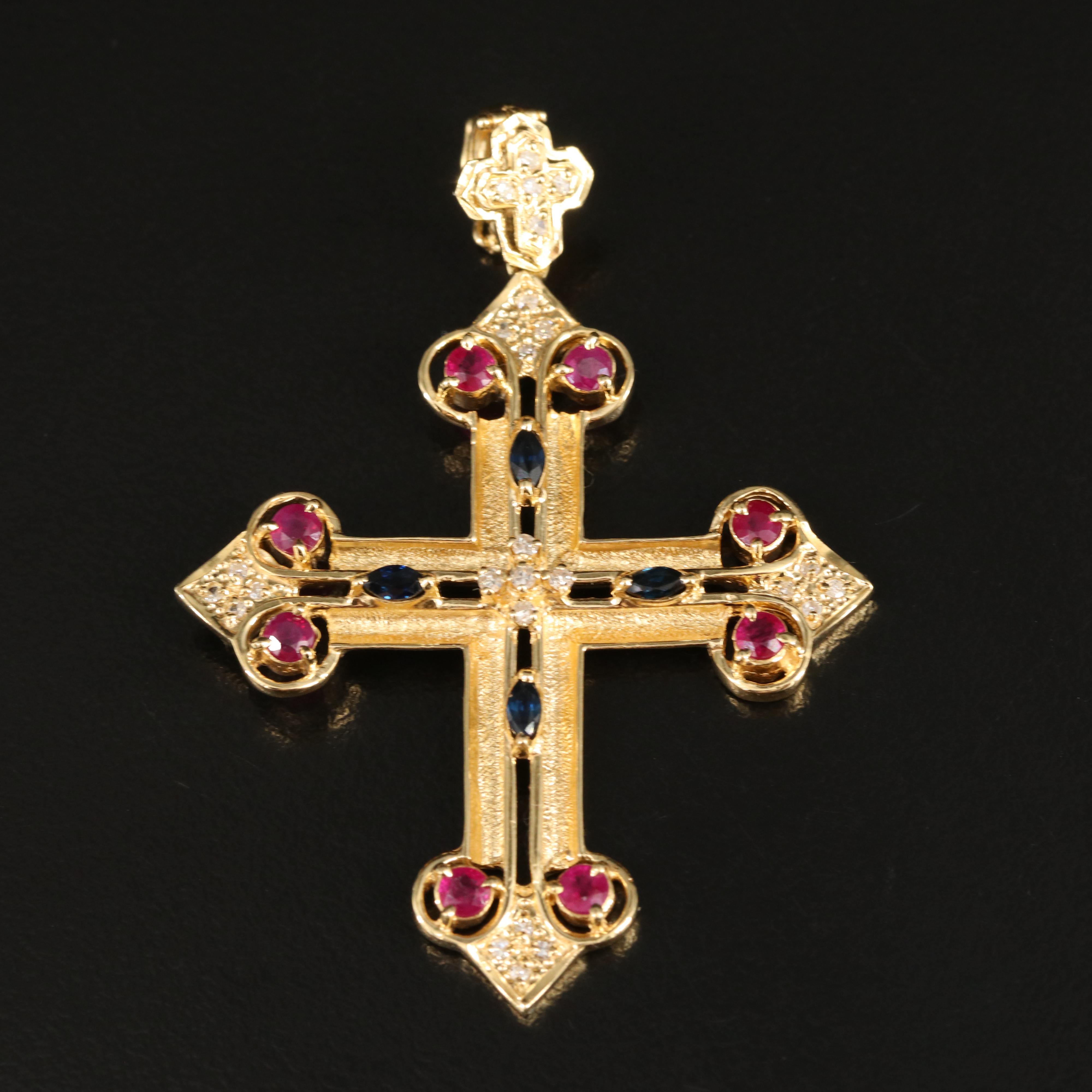 18K Diamond, Ruby and Sapphire Budded Cross Pendant