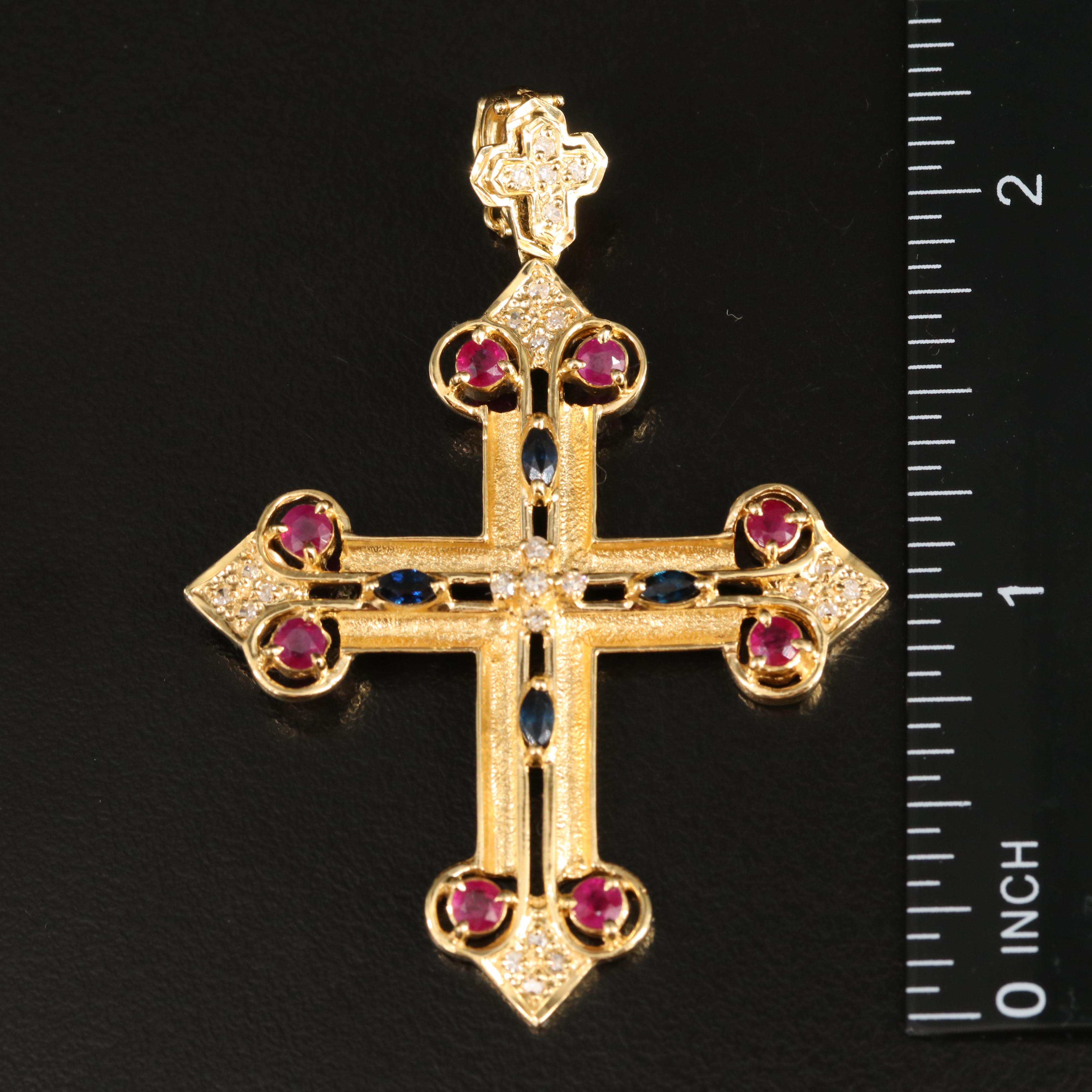 18K Diamond, Ruby and Sapphire Budded Cross Pendant