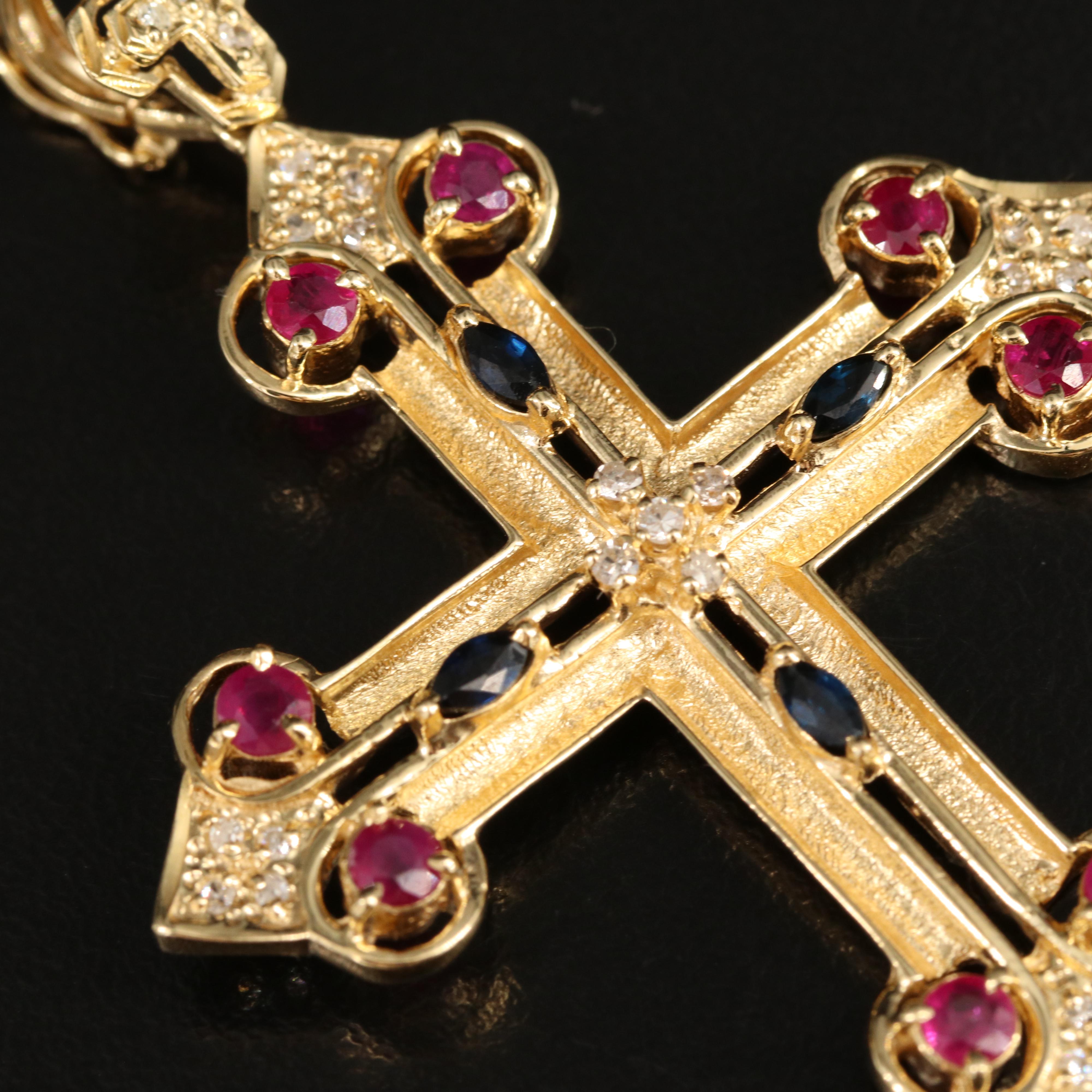 18K Diamond, Ruby and Sapphire Budded Cross Pendant