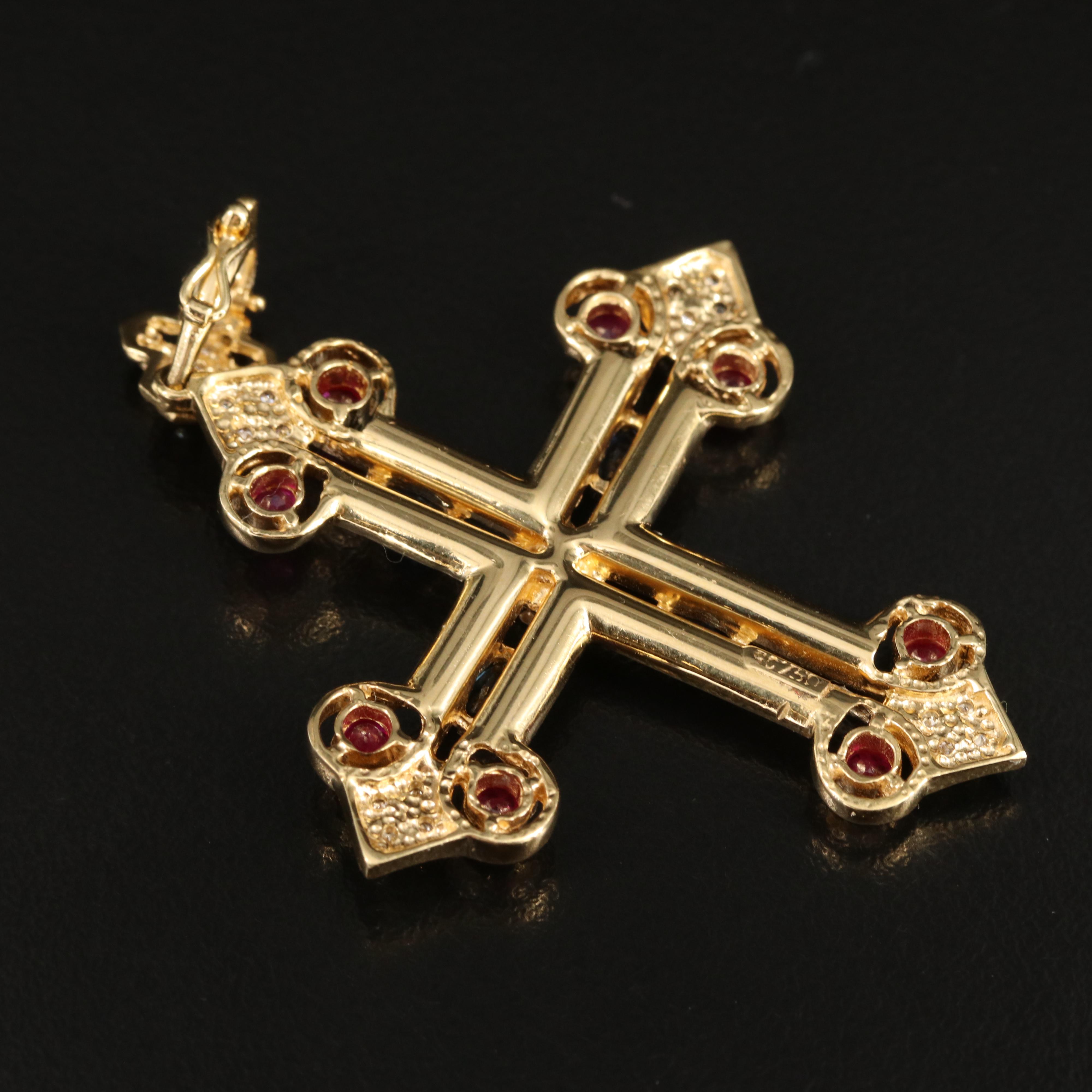 18K Diamond, Ruby and Sapphire Budded Cross Pendant