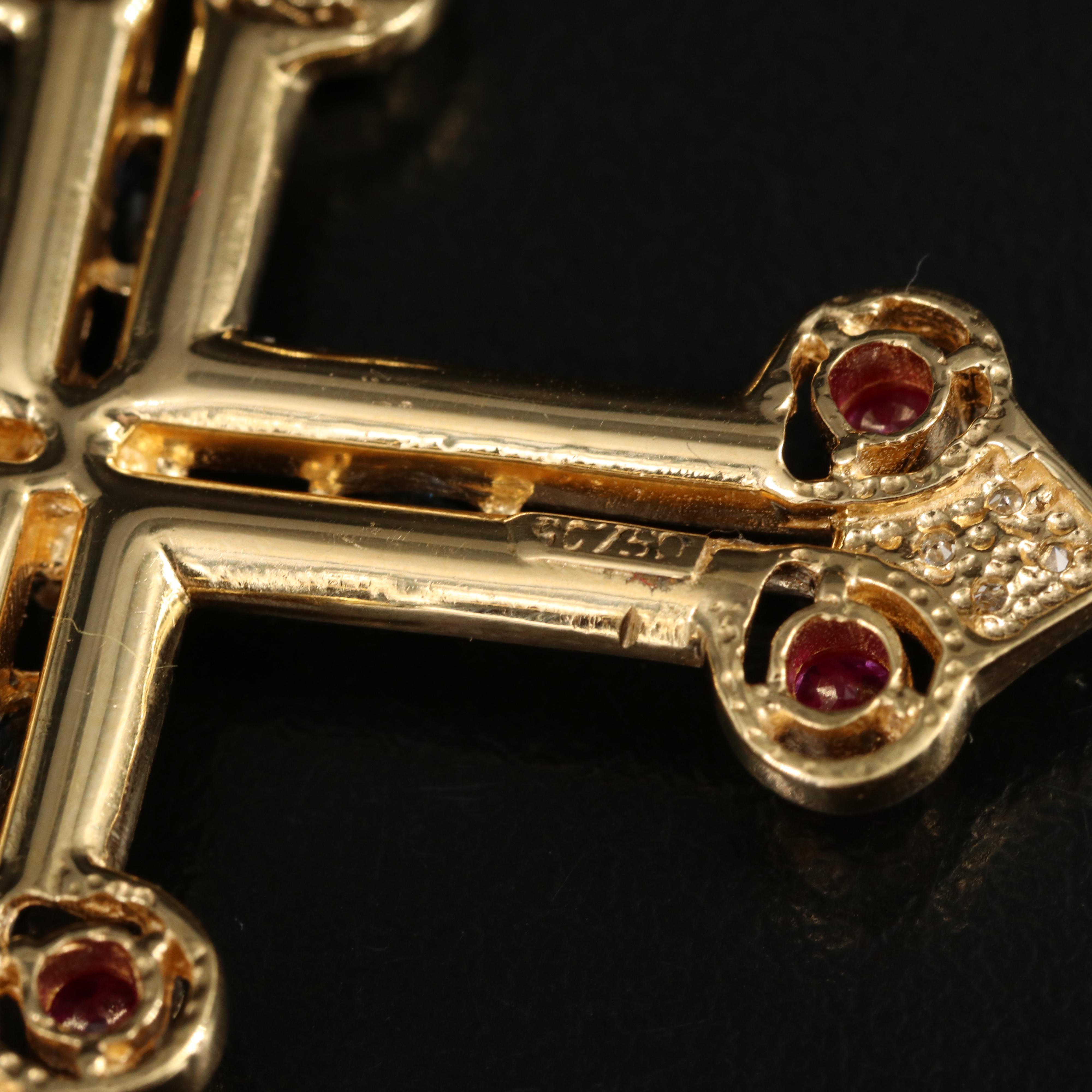 18K Diamond, Ruby and Sapphire Budded Cross Pendant