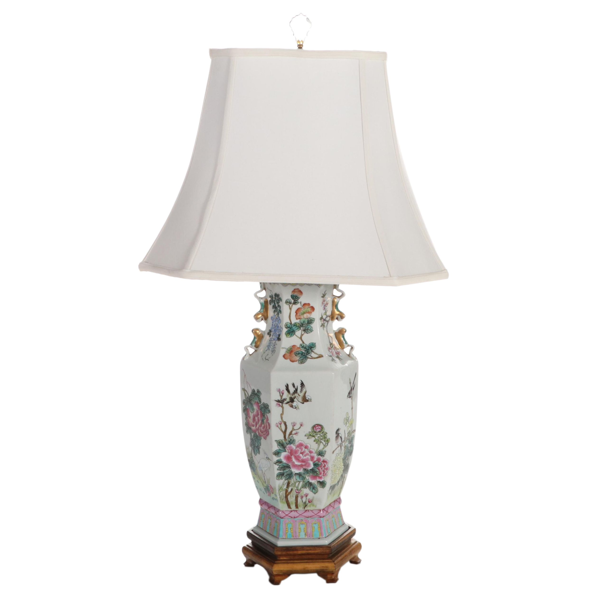 Chinese Hand-Painted Peonies and Swallows Porcelain Vase Table Lamp