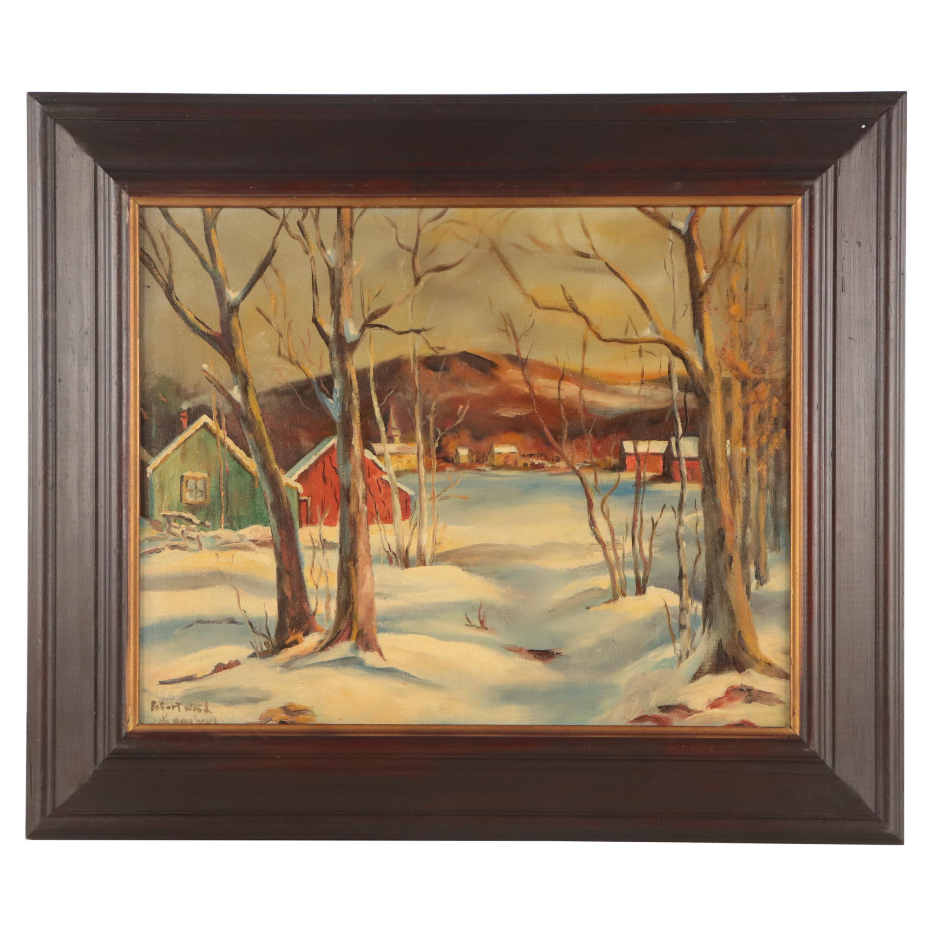 Robert Wood Winter Village Landscape Oil Painting, Mid-20th Century