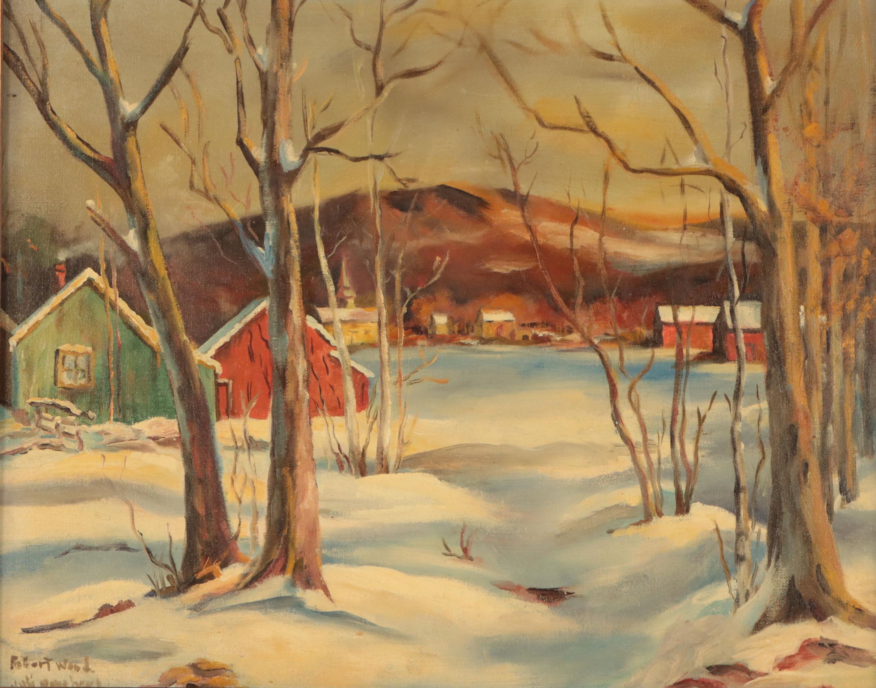 Robert Wood Winter Village Landscape Oil Painting, Mid-20th Century