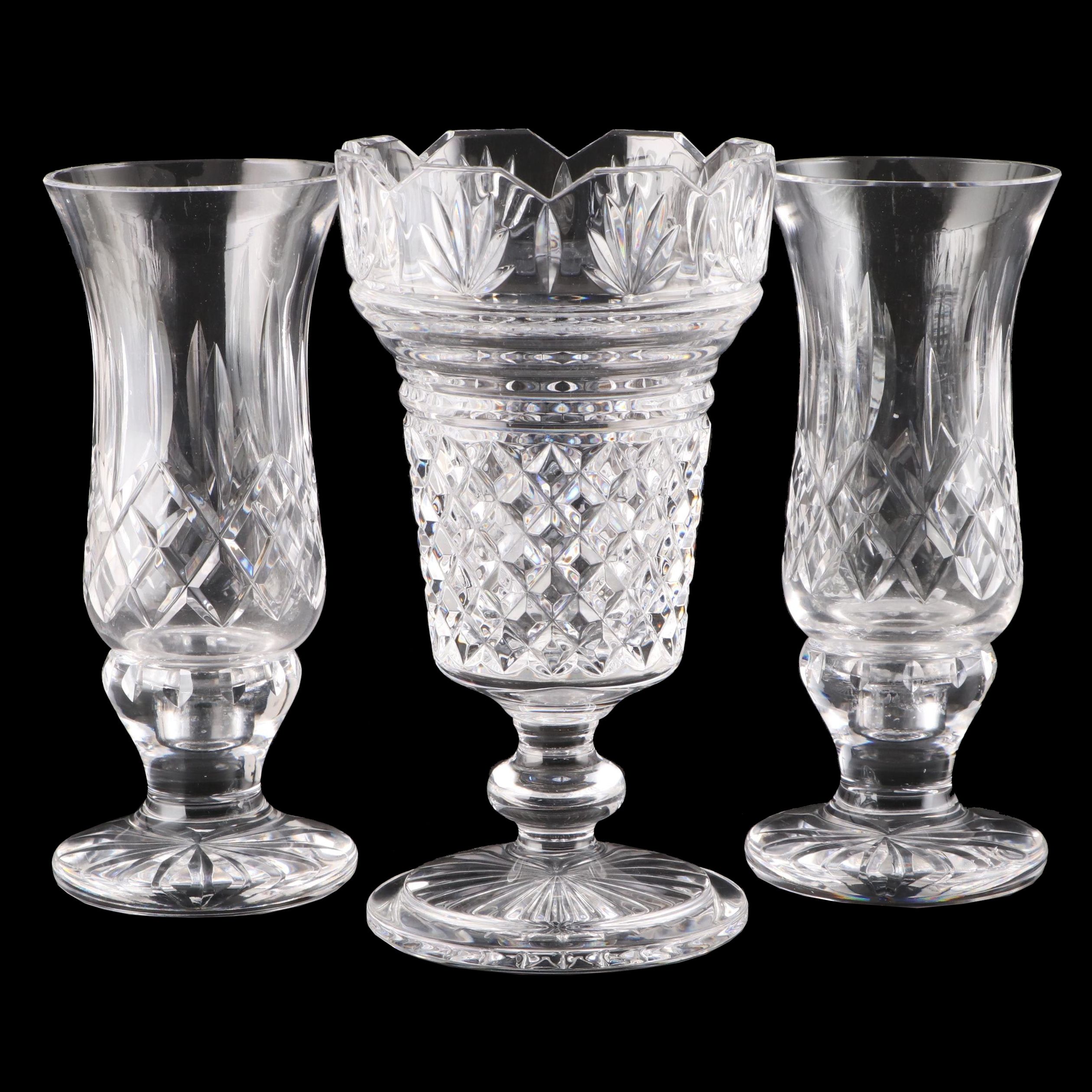 Waterford Crystal Footed Vase and Pair Candle Holders with Hurricanes