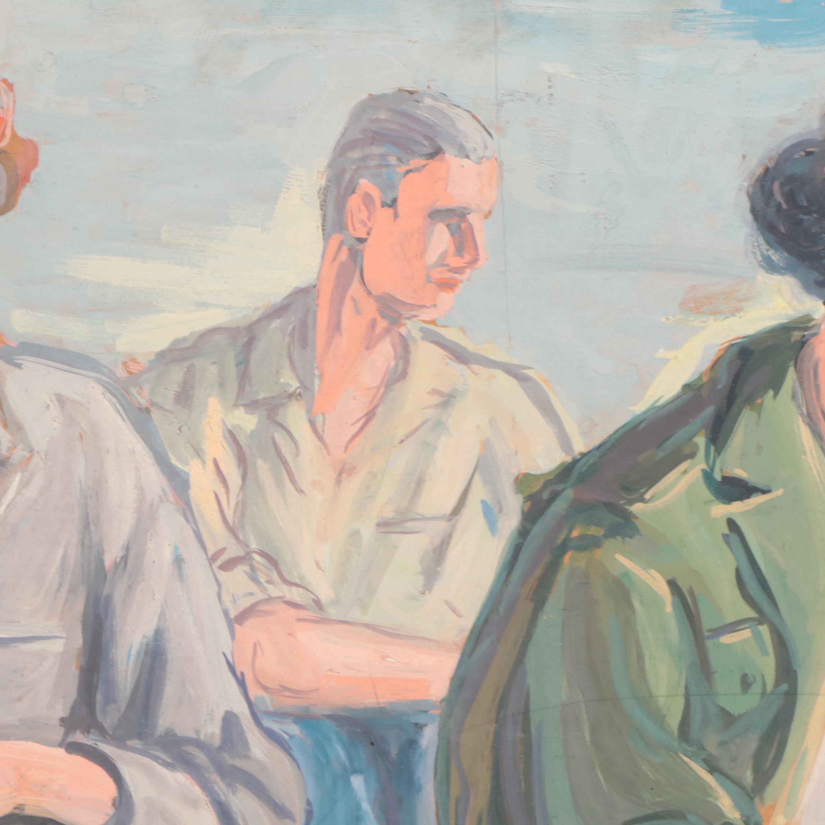 Dan Burne Jones Watercolor Painting of Figures on Boat