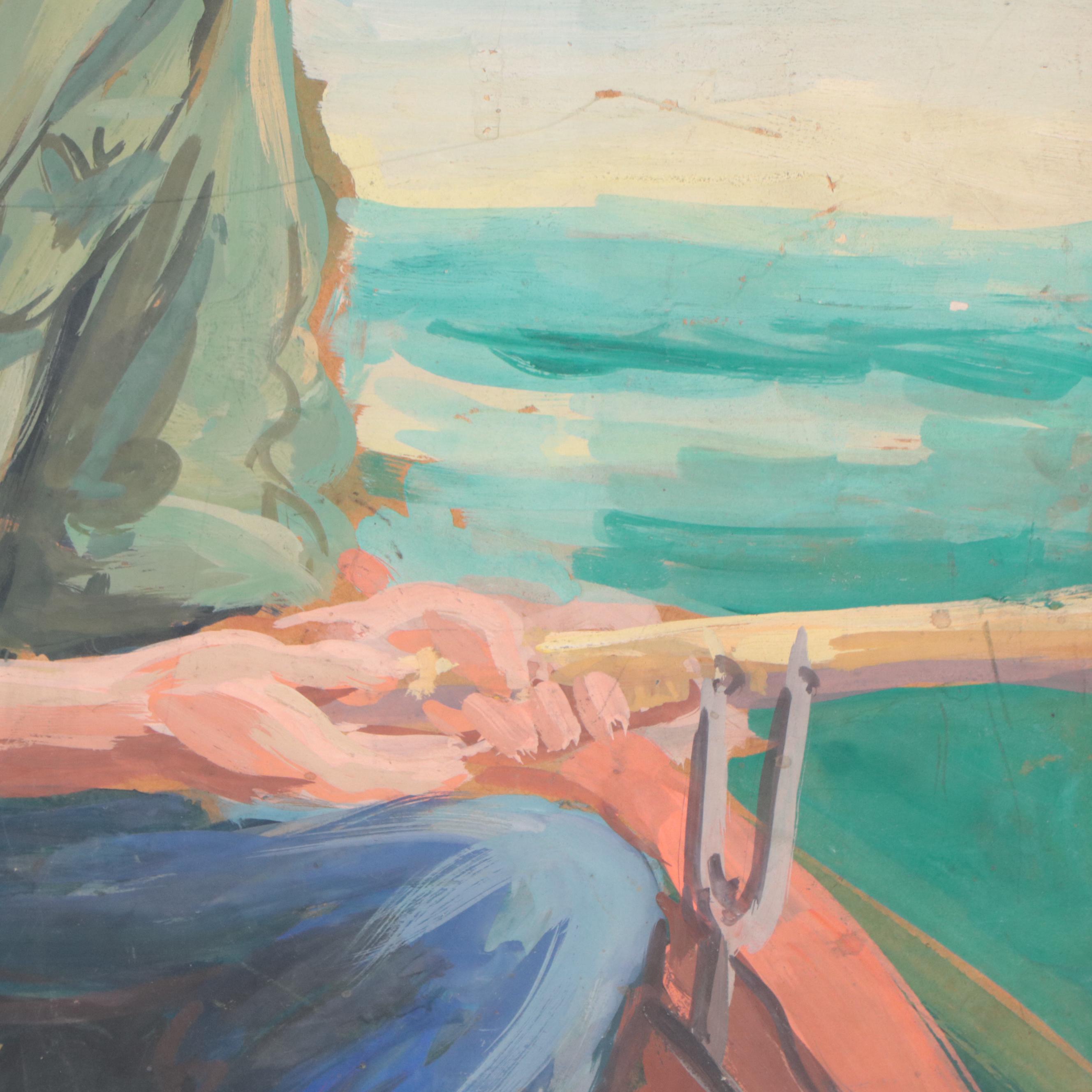 Dan Burne Jones Watercolor Painting of Figures on Boat