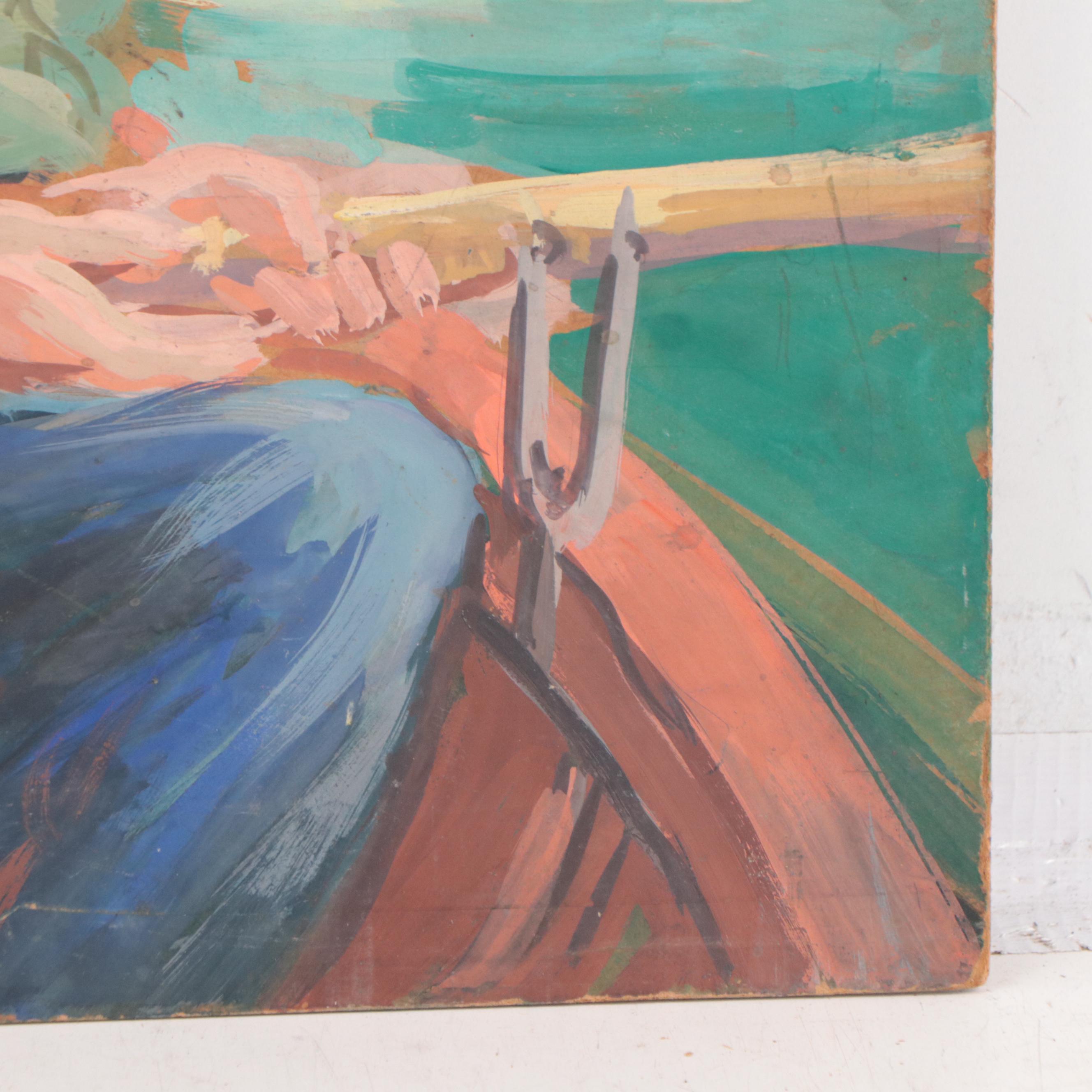 Dan Burne Jones Watercolor Painting of Figures on Boat