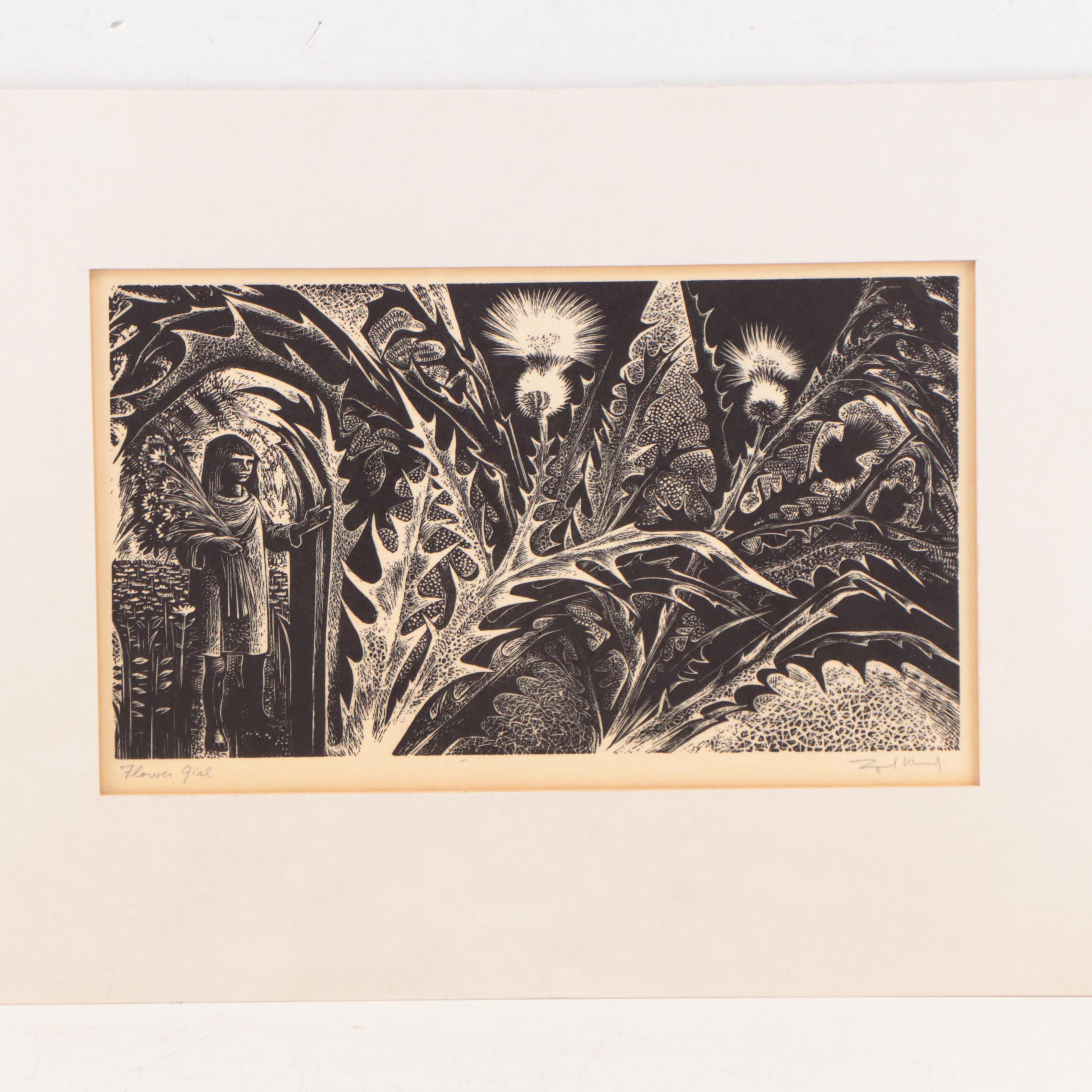 Lynd Ward Wood Engraving "Flower Girl" 1966