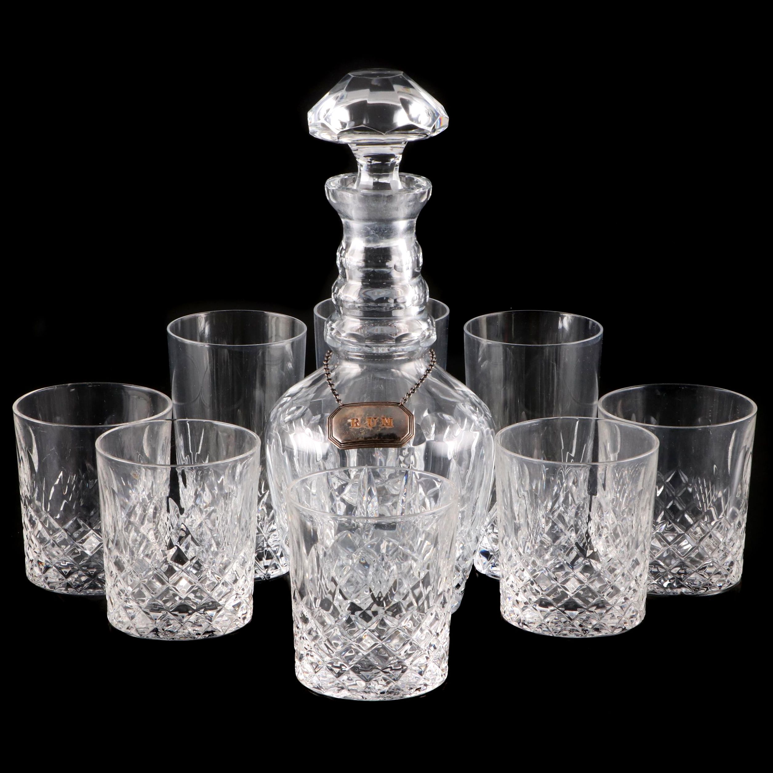 Three Ring Cut Glass Decanter with Collins and Old Fashioned Glasses