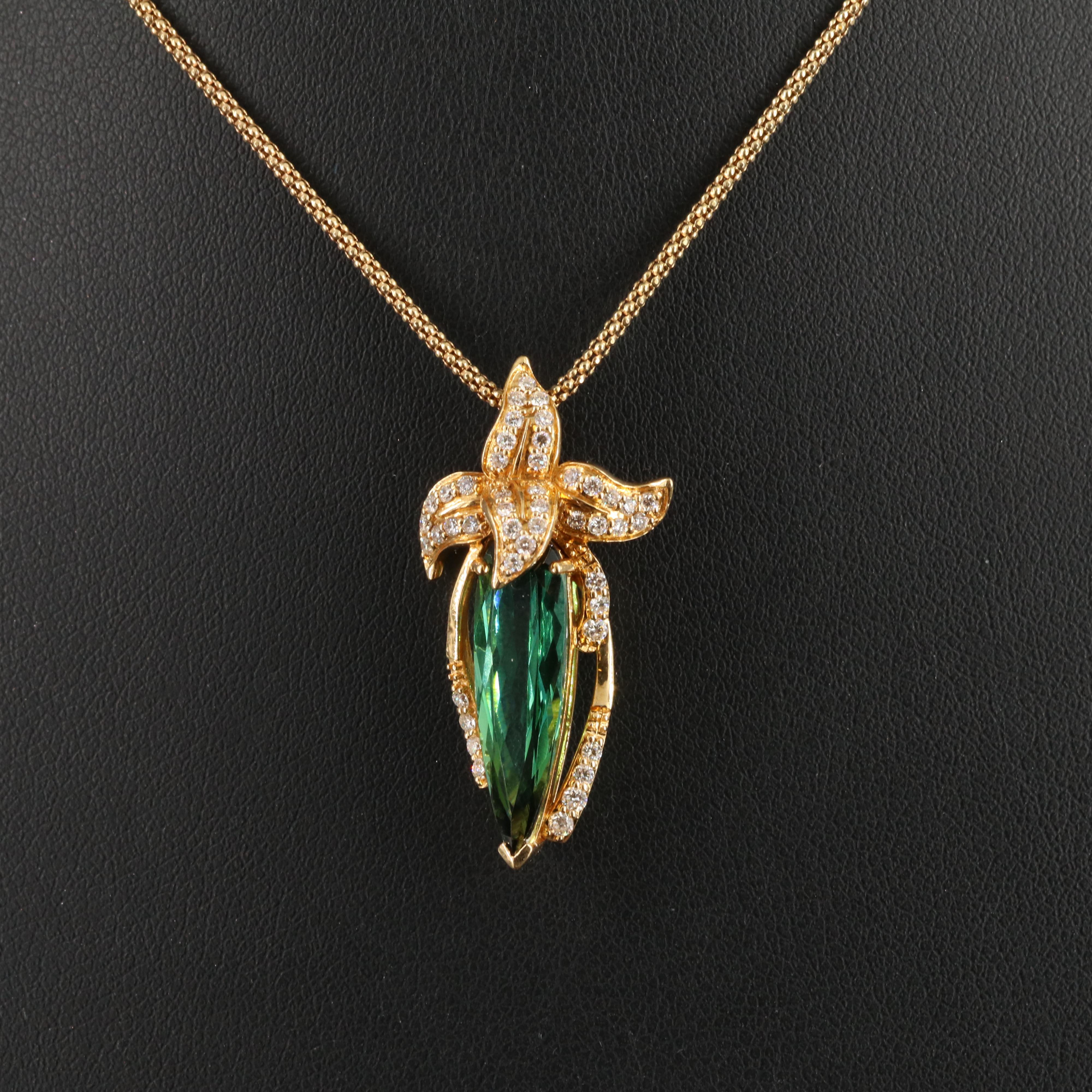 18K 3.25 Ct Tourmaline and Diamond Floral Pendant on 14K Popcorn Chain Necklace