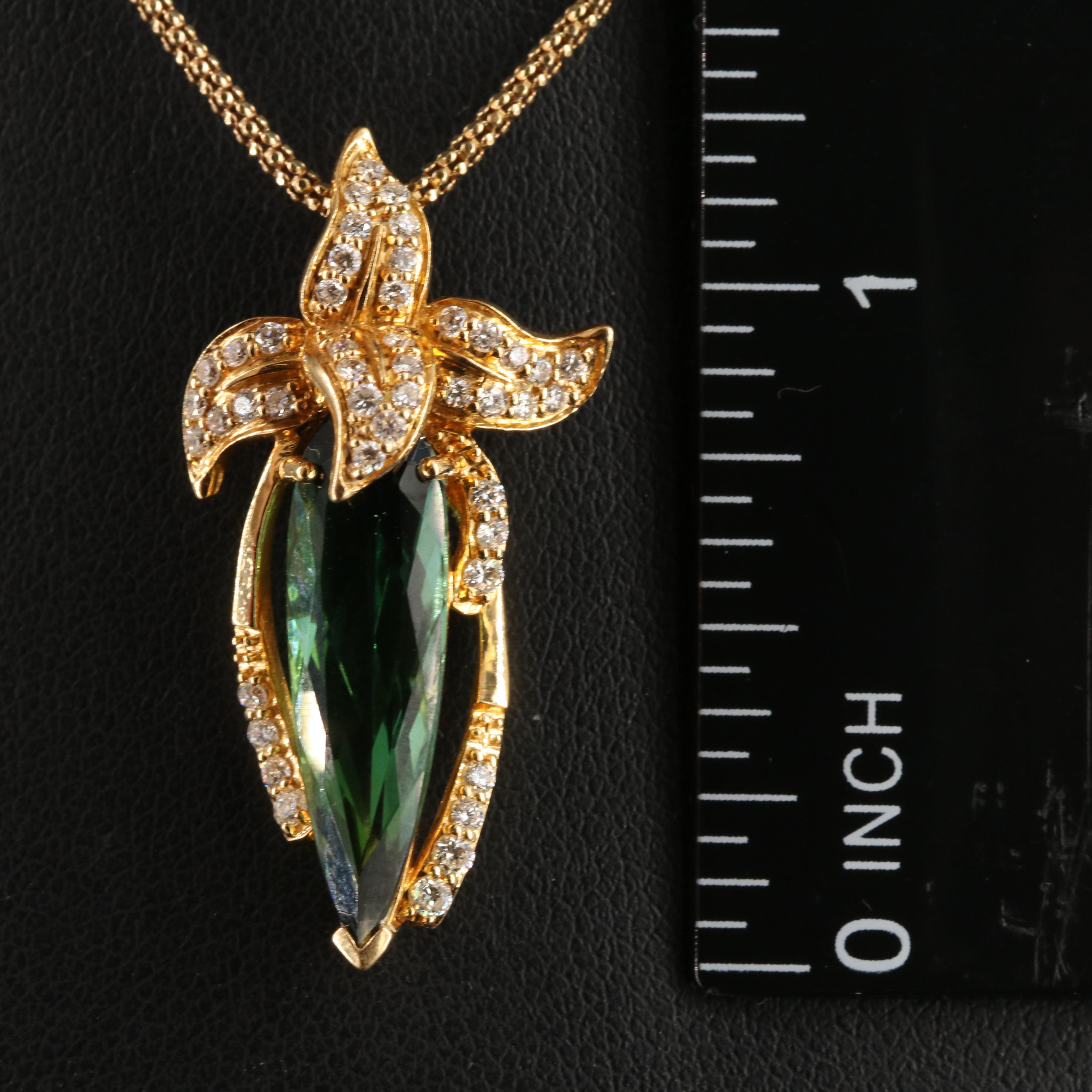 18K 3.25 Ct Tourmaline and Diamond Floral Pendant on 14K Popcorn Chain Necklace