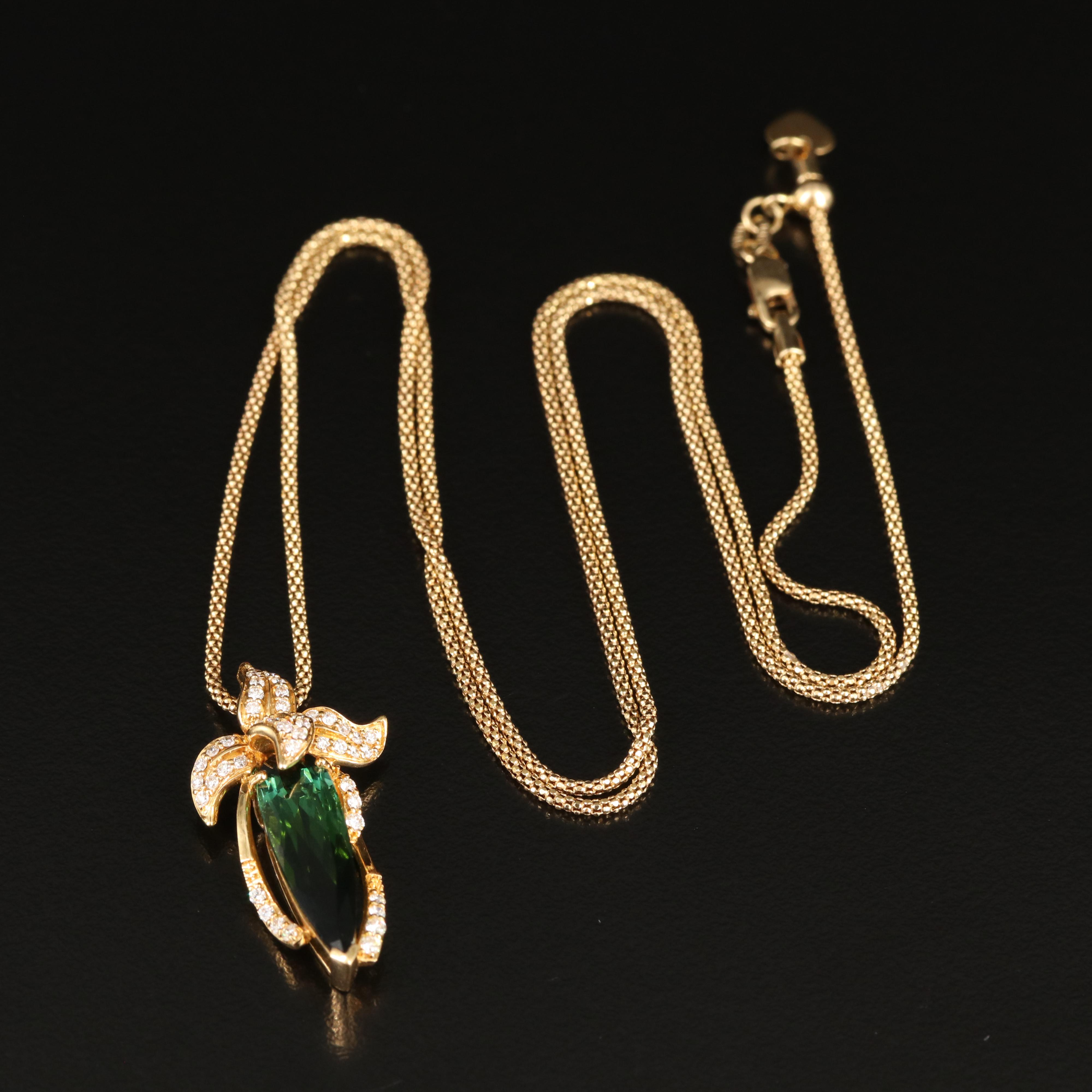 18K 3.25 Ct Tourmaline and Diamond Floral Pendant on 14K Popcorn Chain Necklace